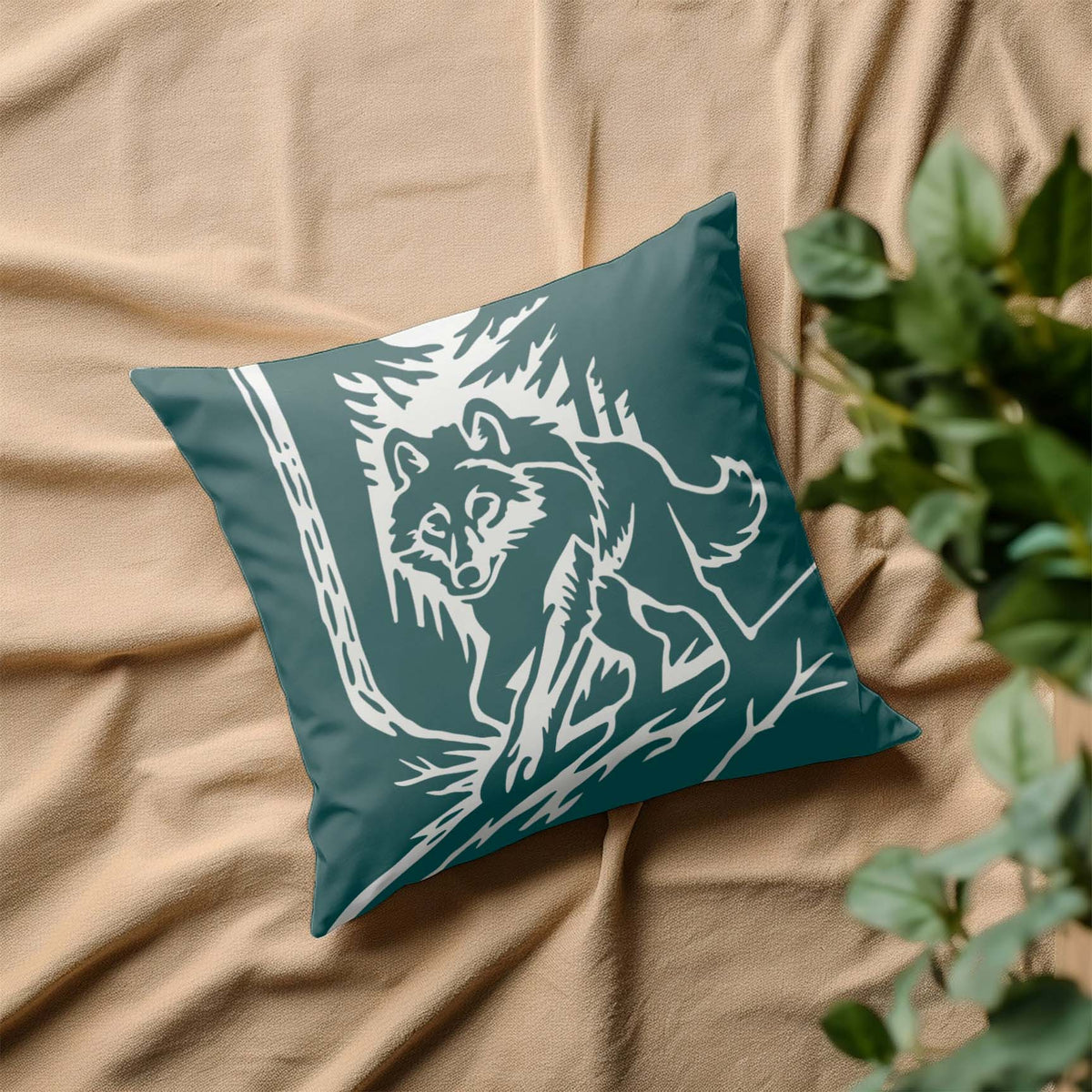 Woodland Wolf Forest Scene Stencil printed on decorative pillow