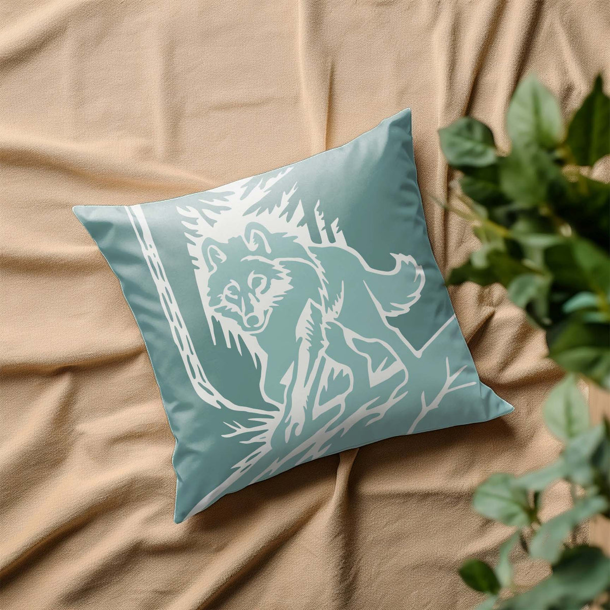 Woodland Wolf Forest Scene Stencil printed on decorative pillow