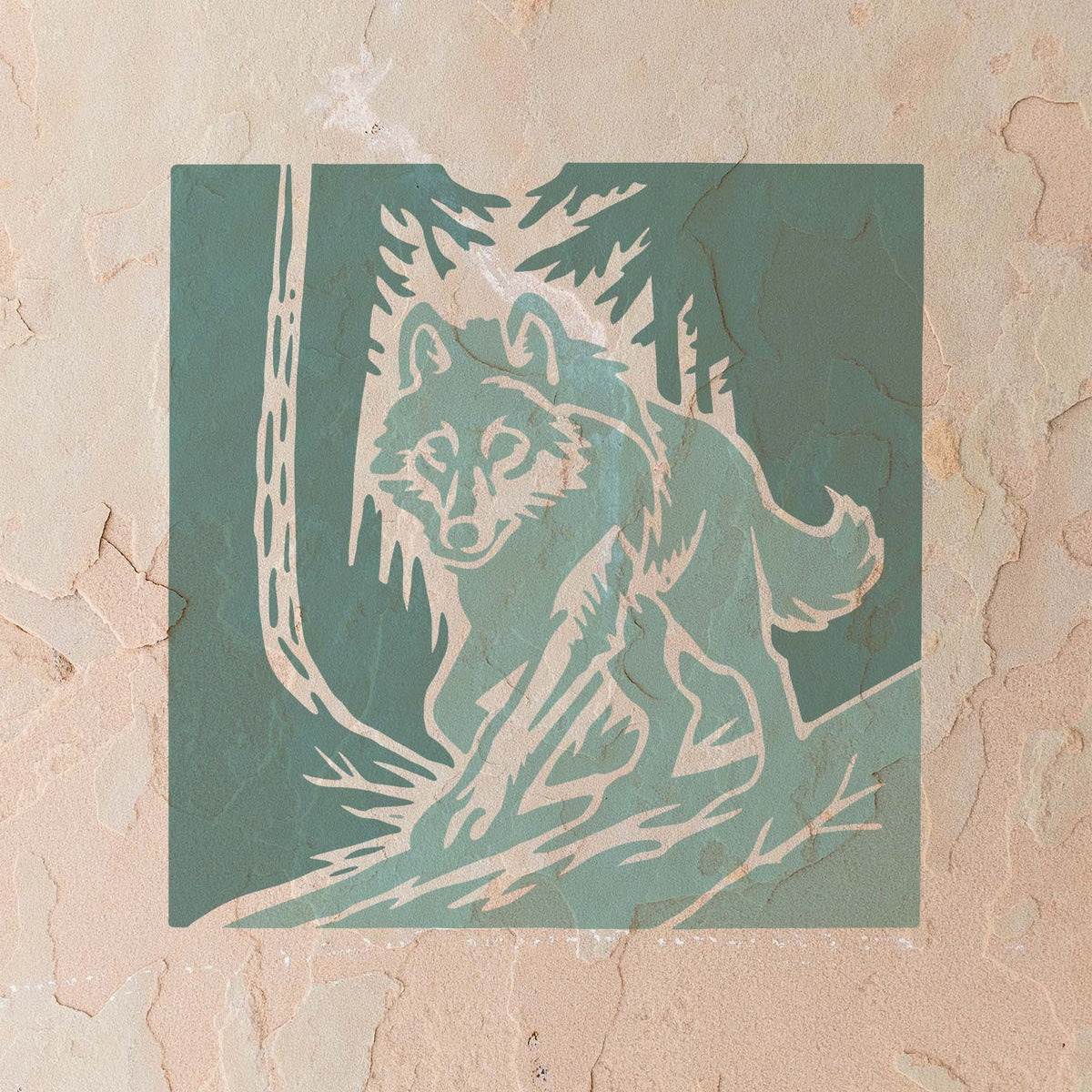 Woodland Wolf Forest Scene Stencil painted on textured stucco wall