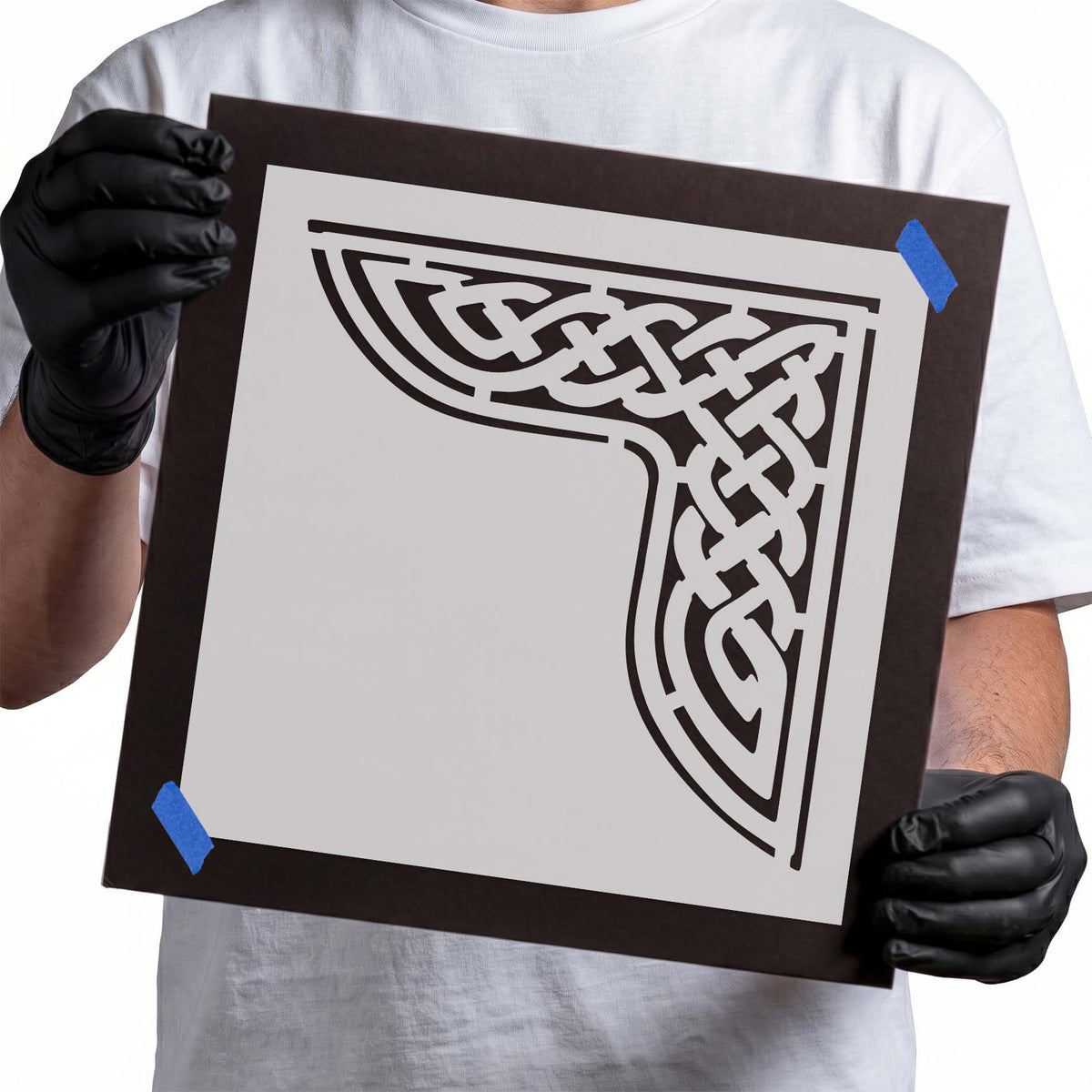 Woven Corner Design Stencil featuring intricate Celtic knotwork and curved L-shaped borders
