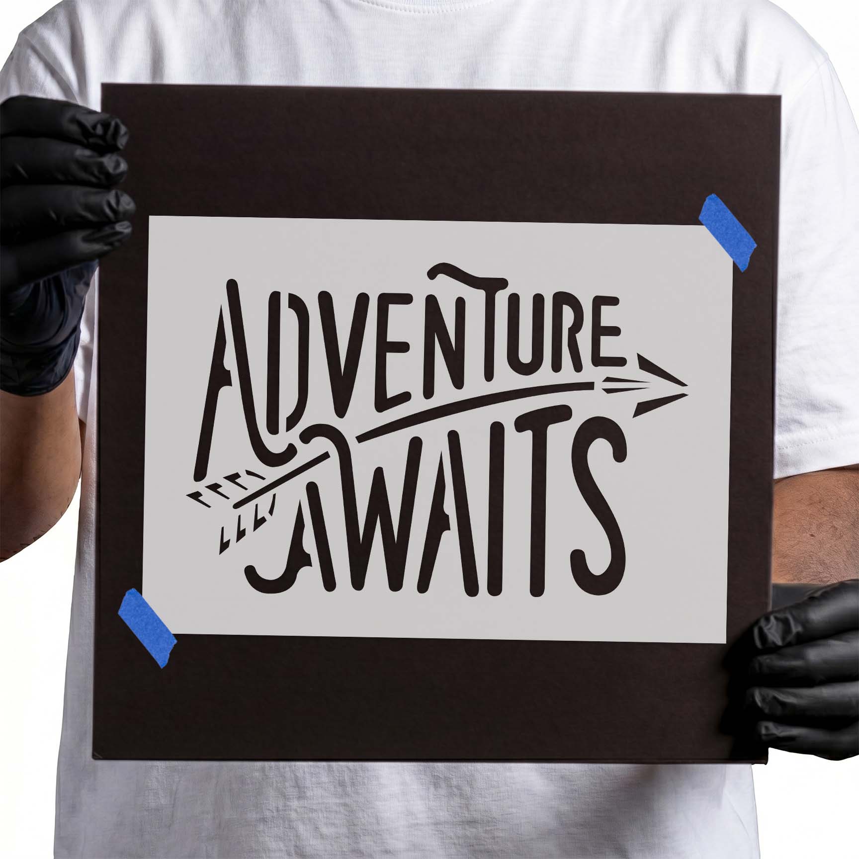Adventure Awaits quote stencil with decorative arrow design