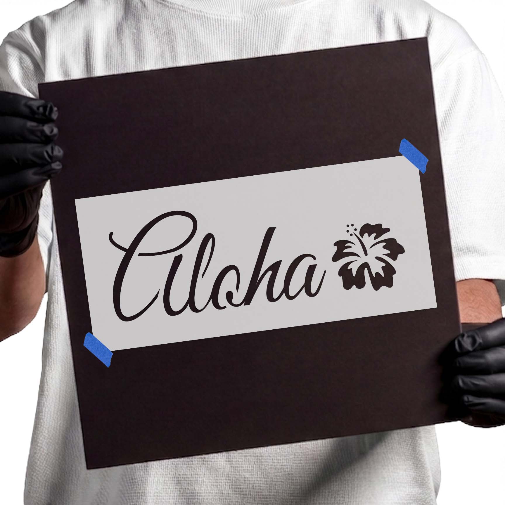 Aloha stencil with flowing script lettering and hibiscus flower