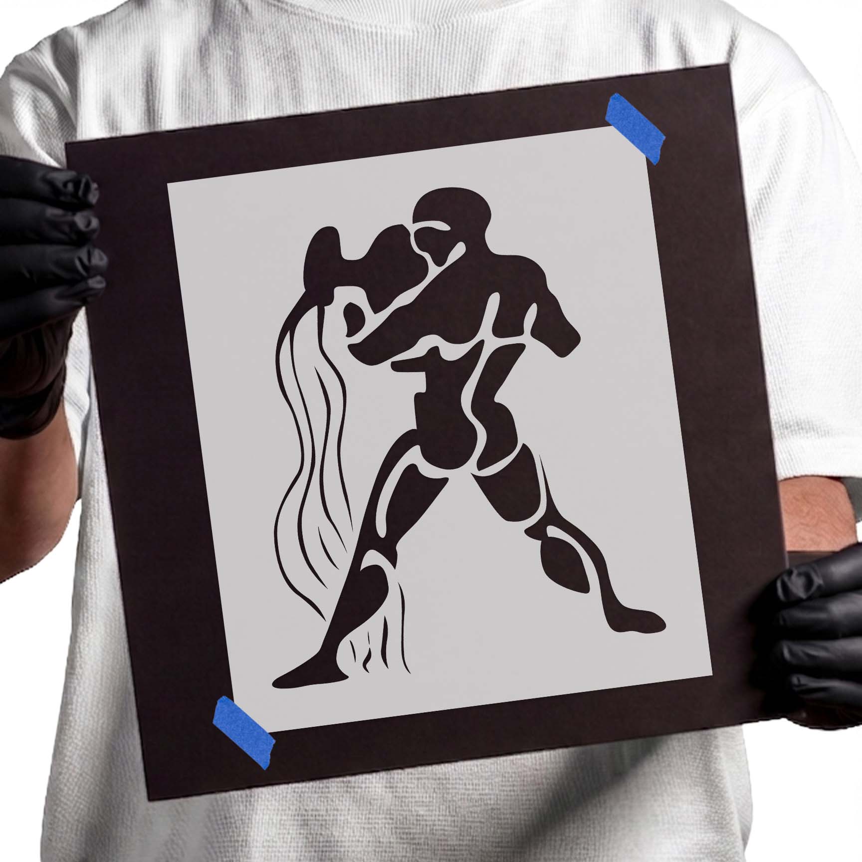 Aquarius zodiac water bearer figure pouring flowing water stencil
