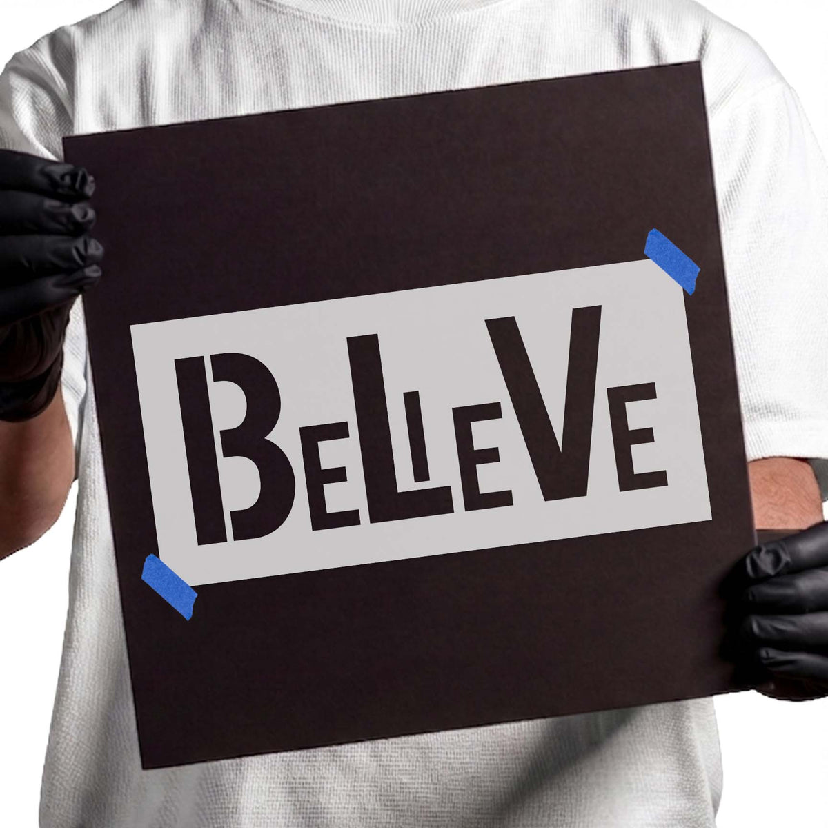 Believe word stencil with bold varied modern lettering