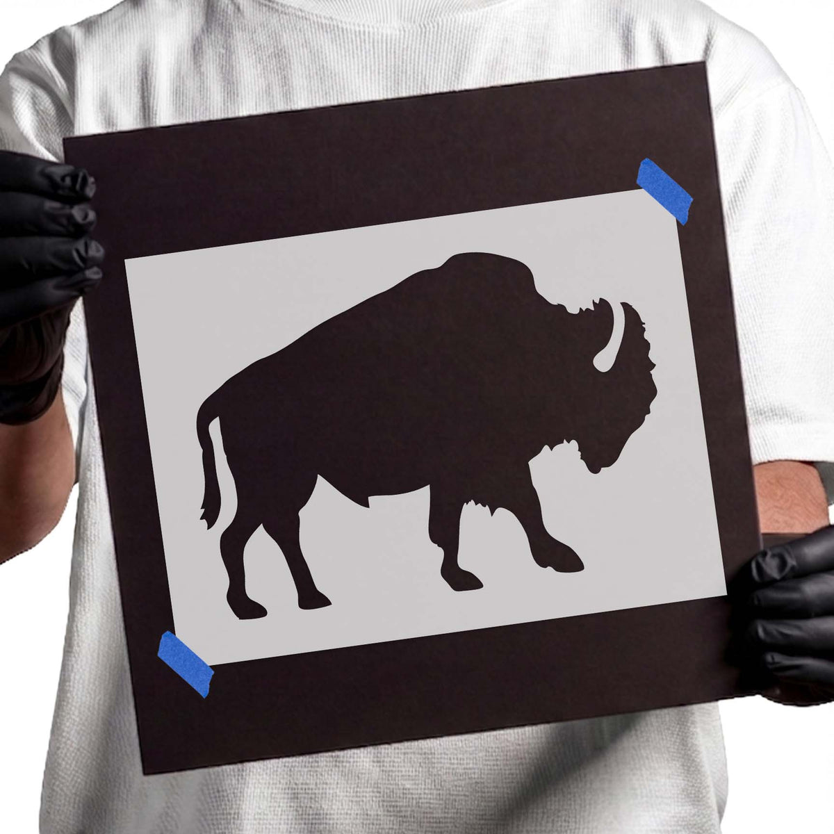 Horned buffalo stencil with full-body side profile and shoulder hump