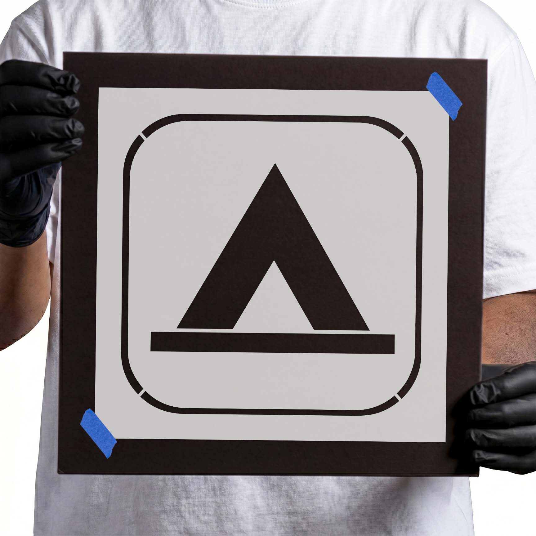 Camping tent symbol stencil with rounded square border