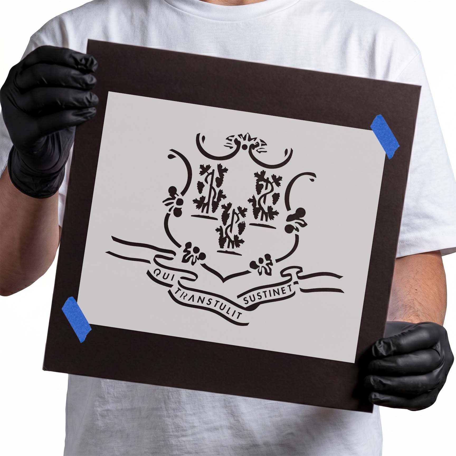 Connecticut state flag stencil with shield grapevines and motto banner
