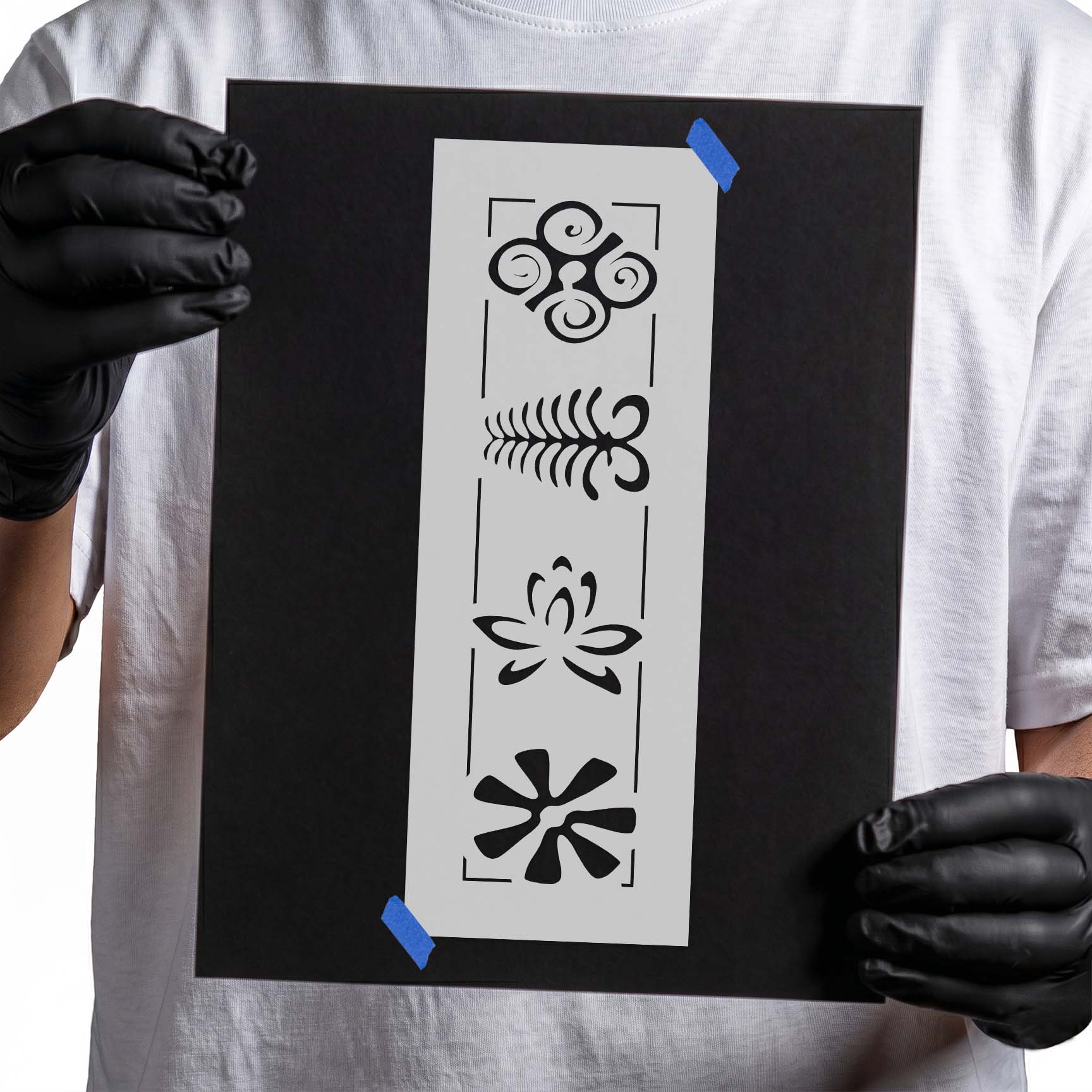 Botanical symbol stencil with four decorative floral and leafy motifs