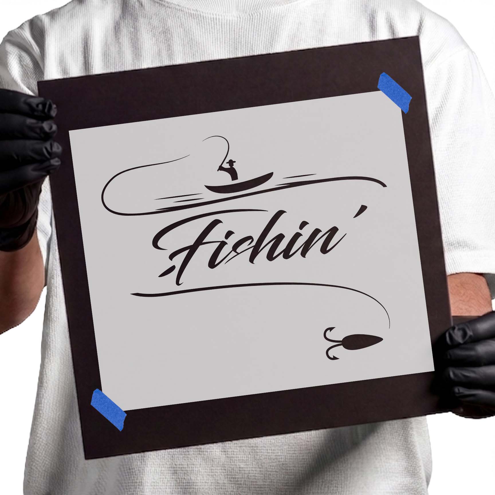 Fishing script stencil with rod, lure, and boat silhouette