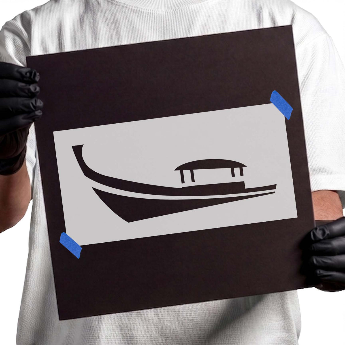 Venetian gondola stencil with curved prow and long slender boat silhouette