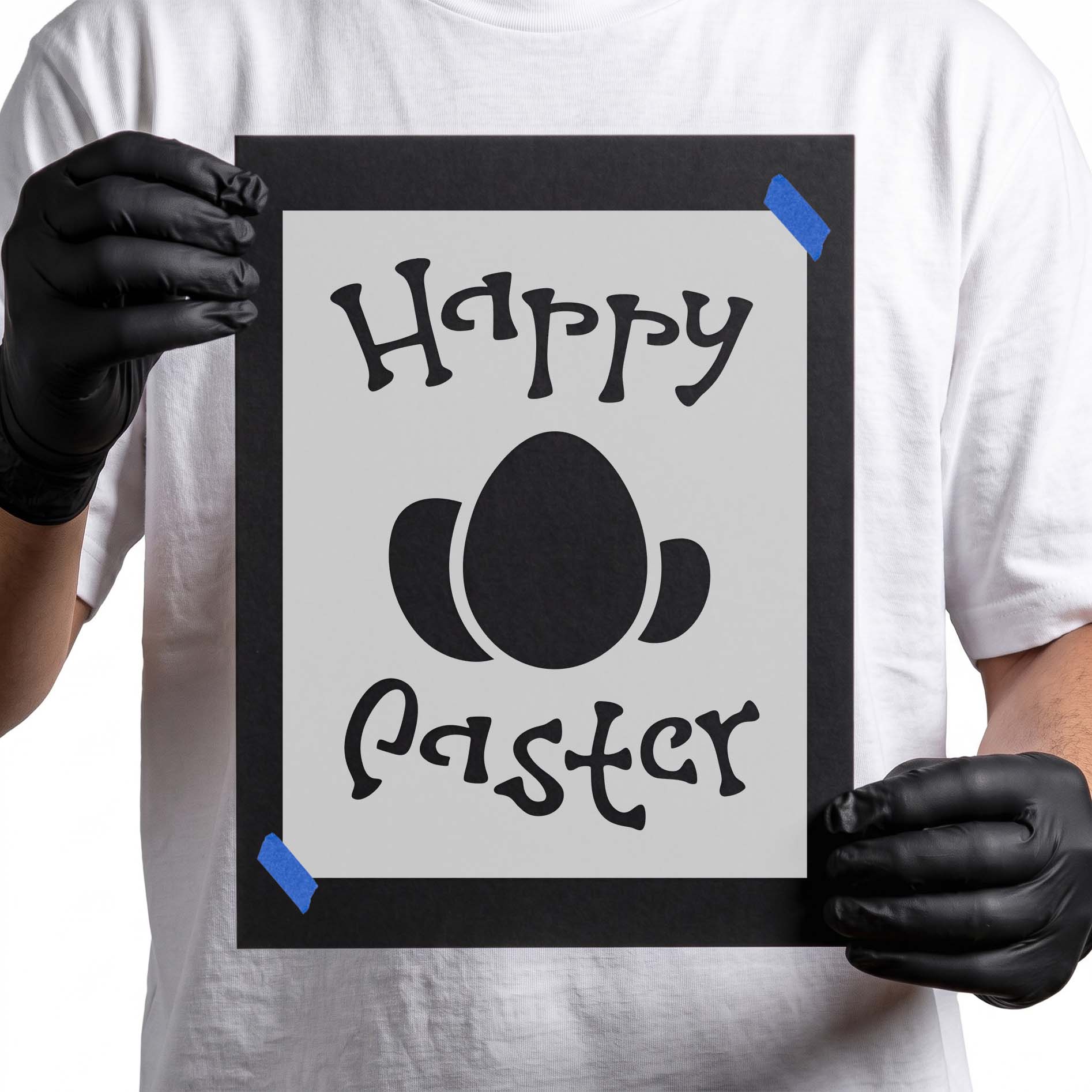 Happy Easter stencil with playful lettering and simple egg shapes