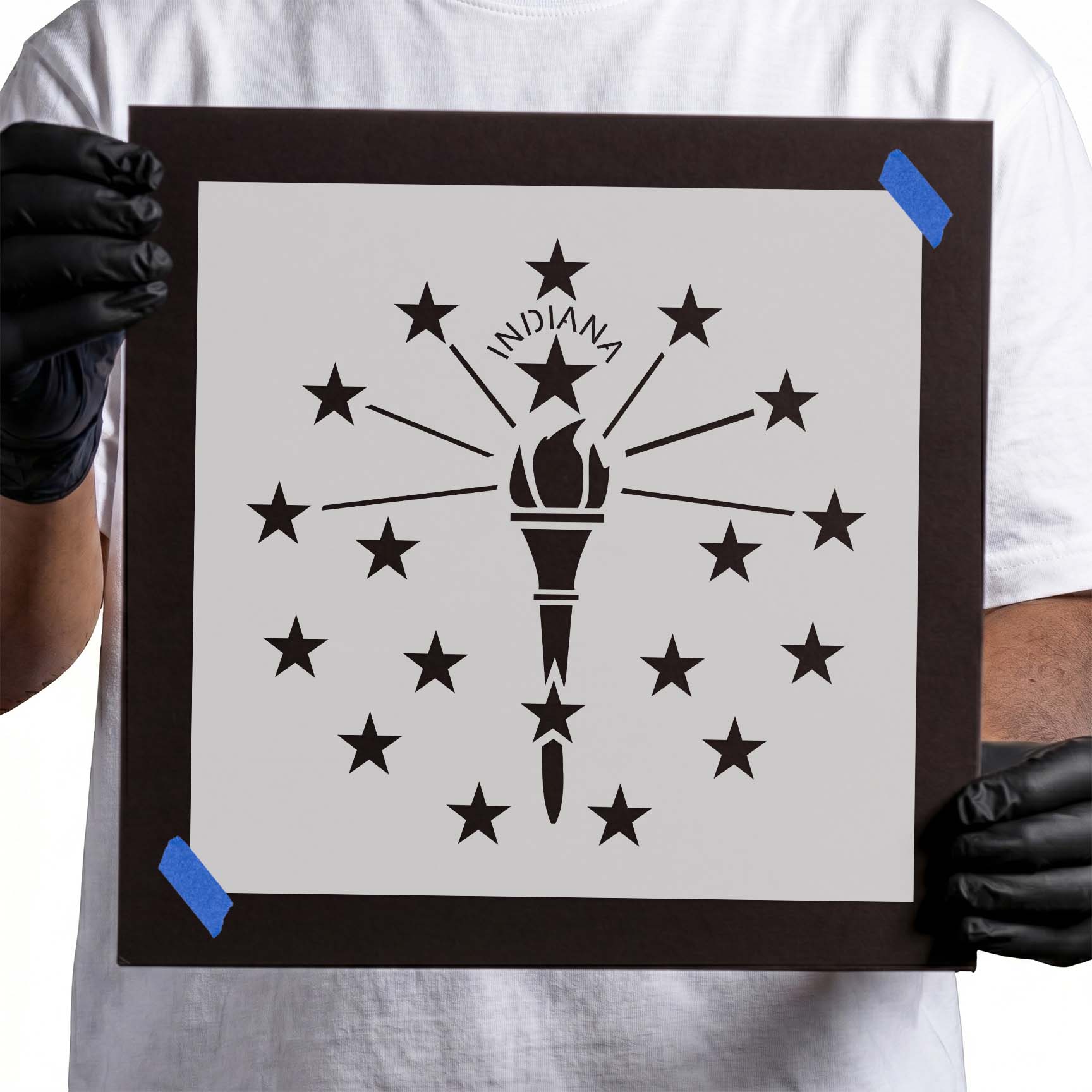 Indiana state flag stencil with central torch stars and radiating lines