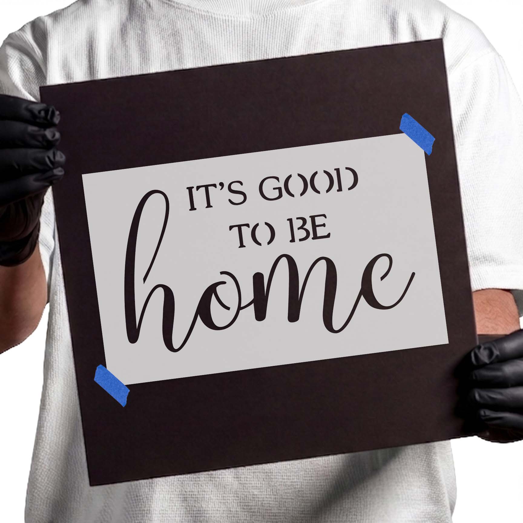 Home quote stencil with bold lettering and flowing script
