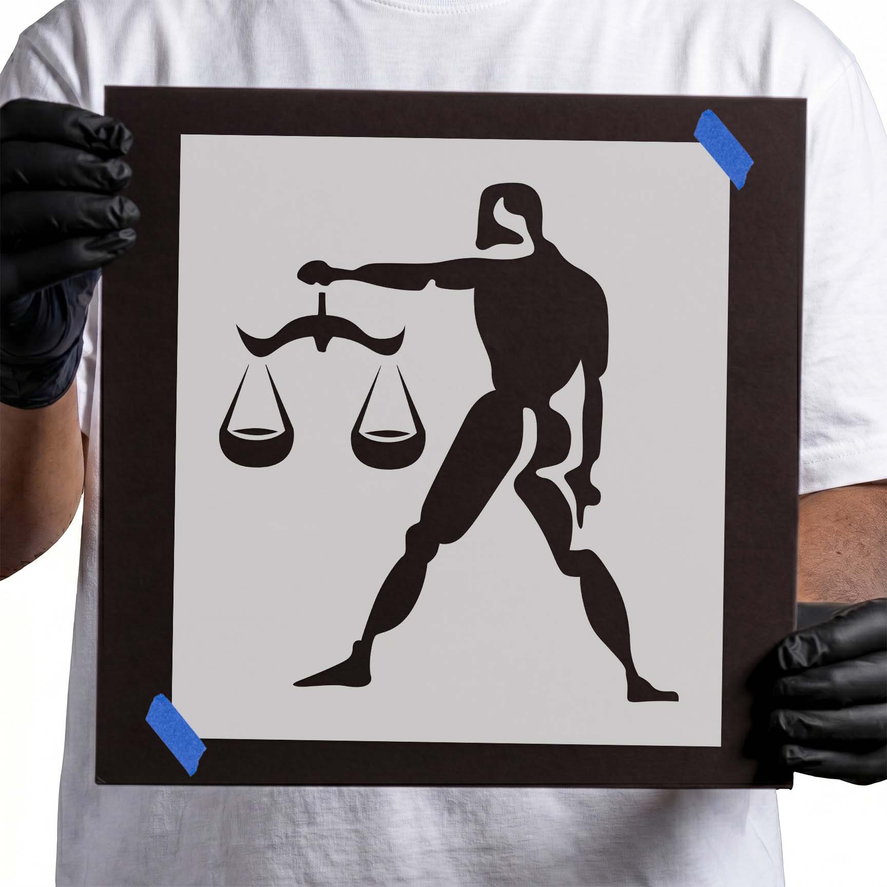 Libra zodiac stencil featuring figure holding balanced scales