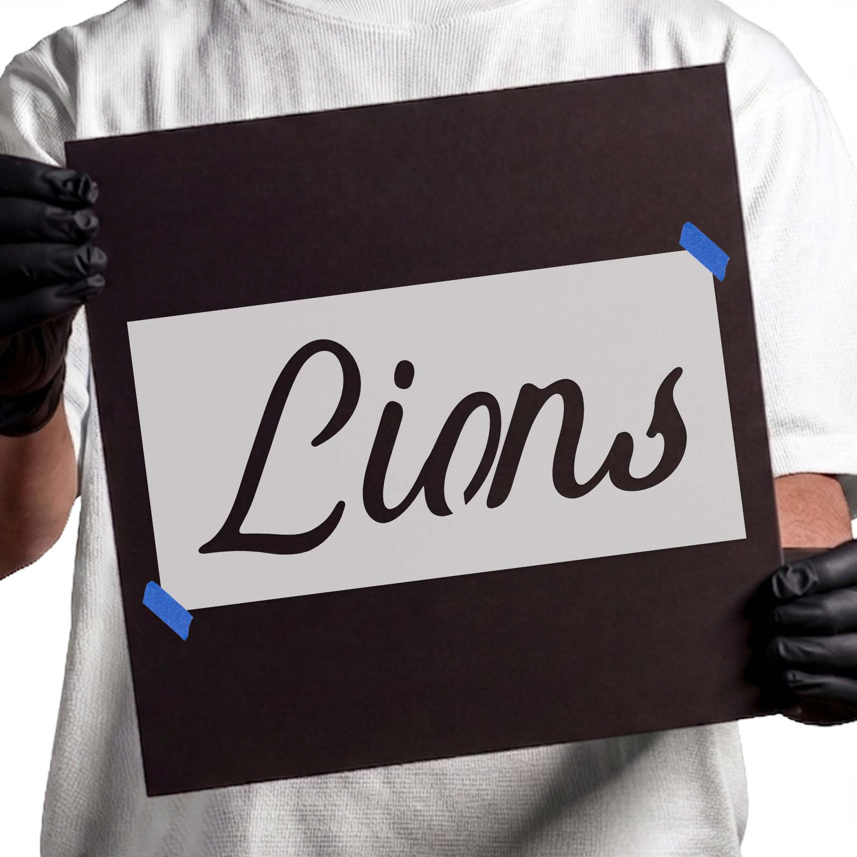 Lions stencil featuring sweeping cursive script lettering