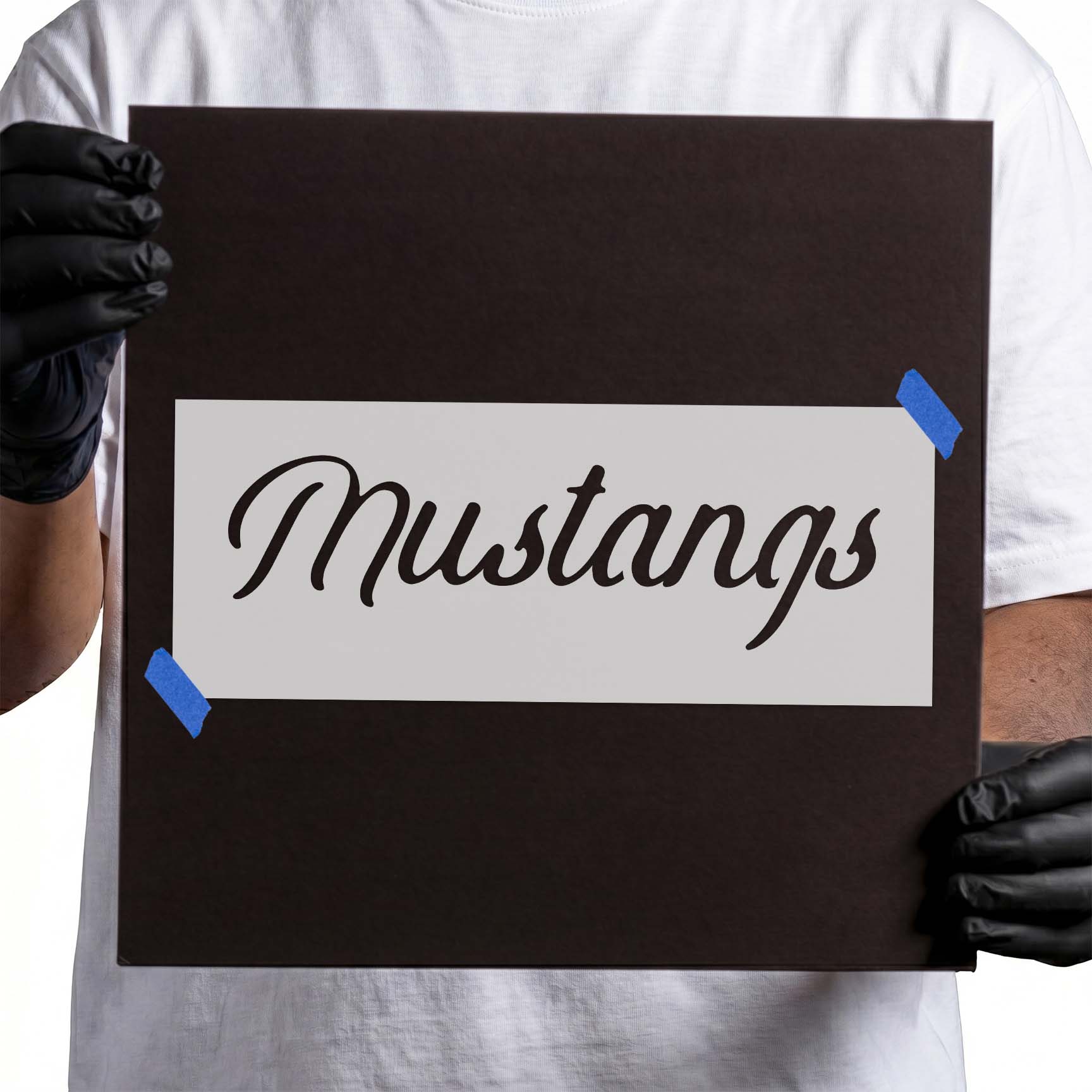 Mustangs stencil featuring flowing script lettering