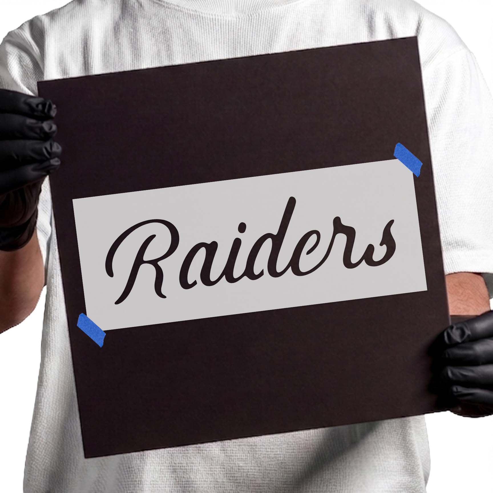 Raiders stencil featuring bold sweeping script lettering