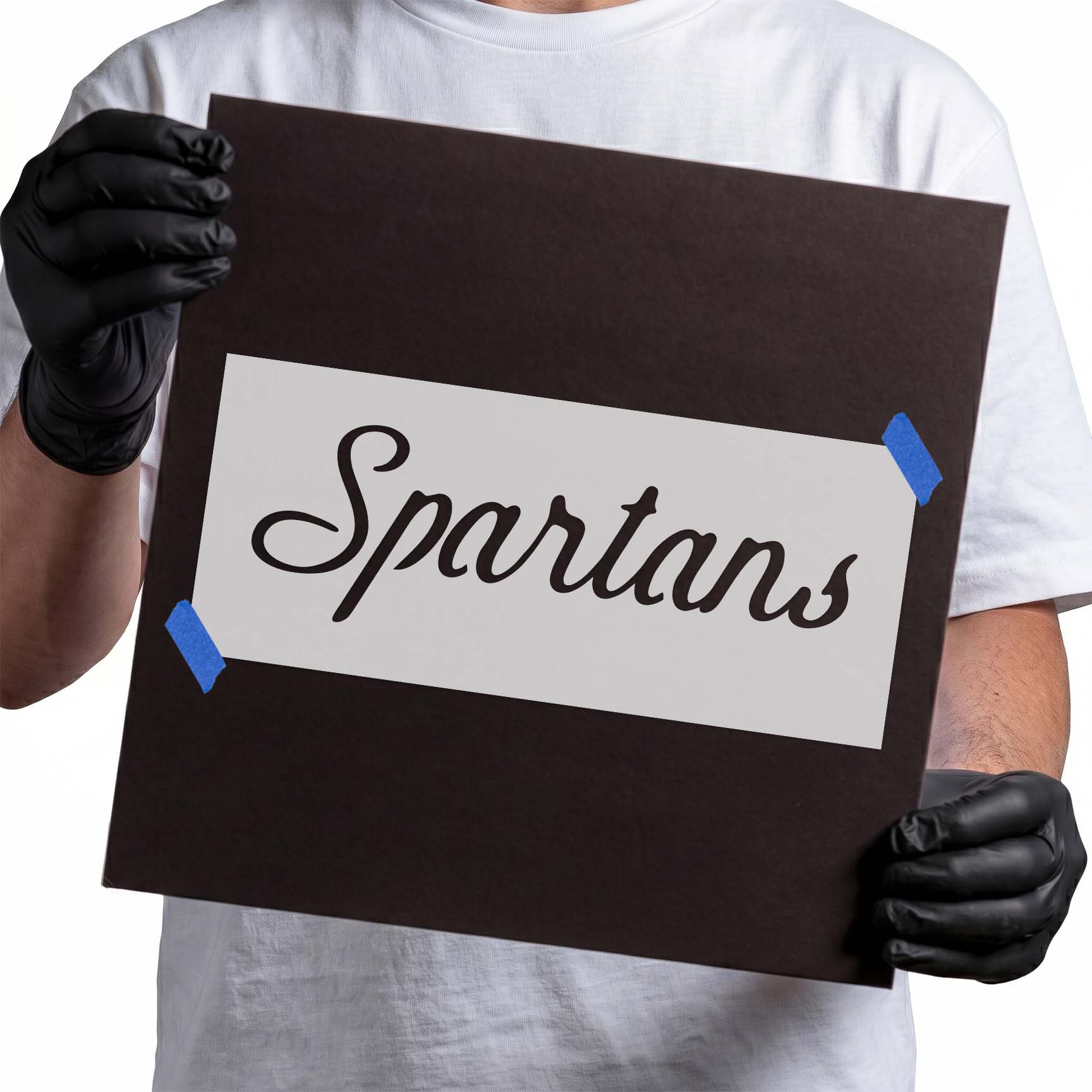Spartans stencil with flowing script lettering and sweeping curves