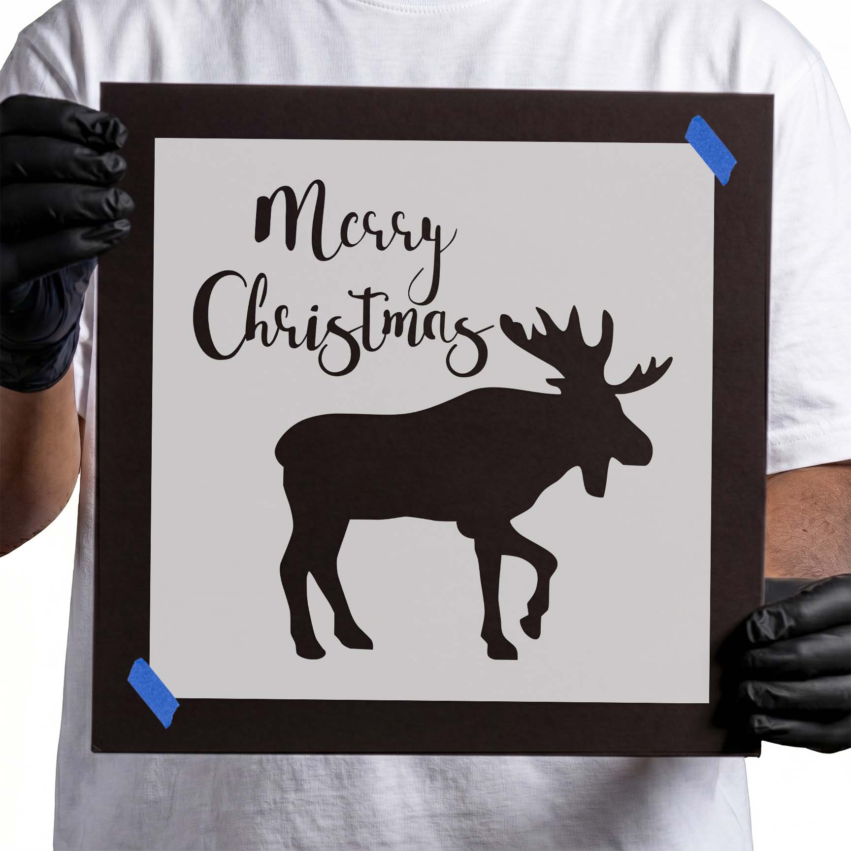 Christmas stencil with Merry Christmas lettering and antlered elk silhouette