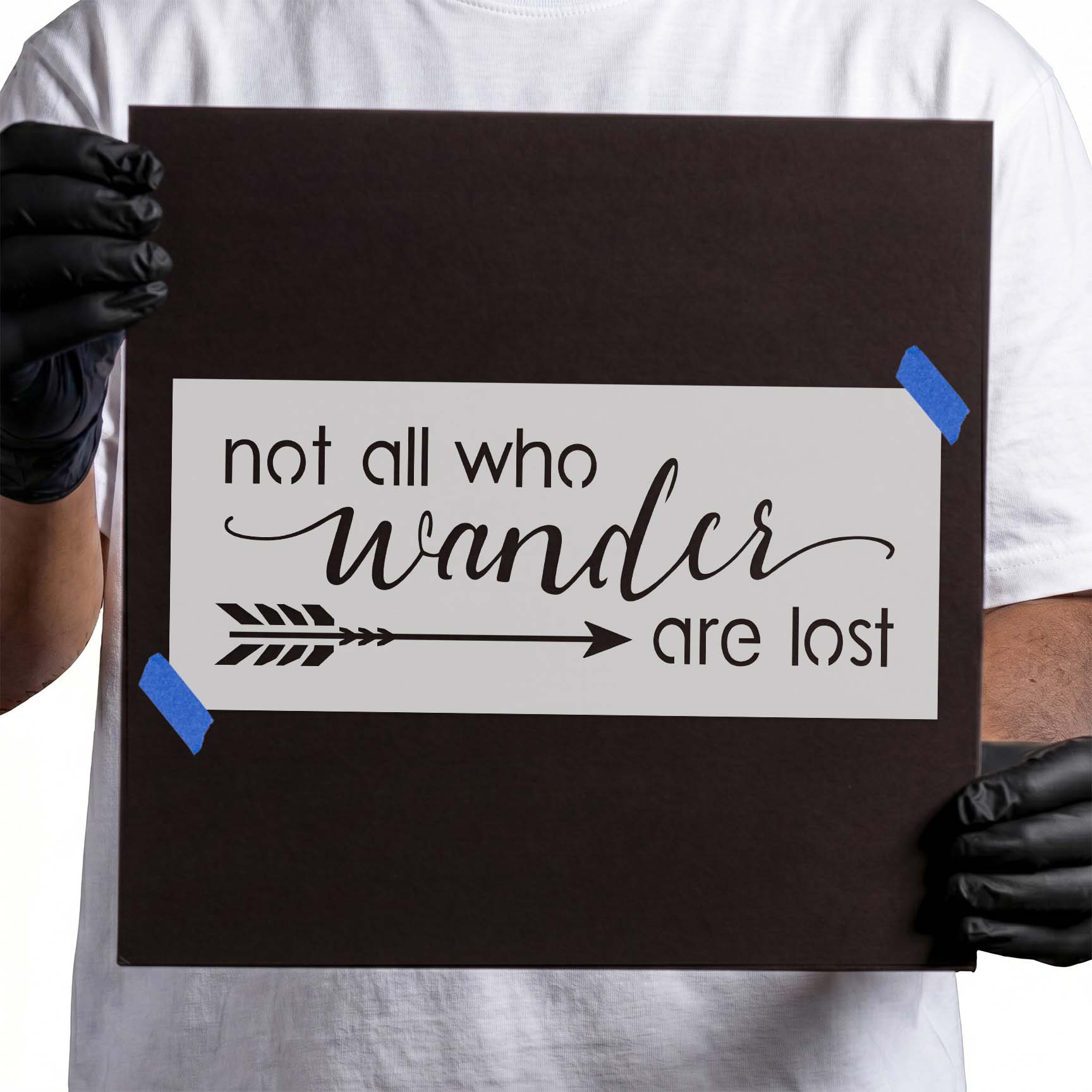 Not All Who Wander Are Lost stencil with script lettering and arrow