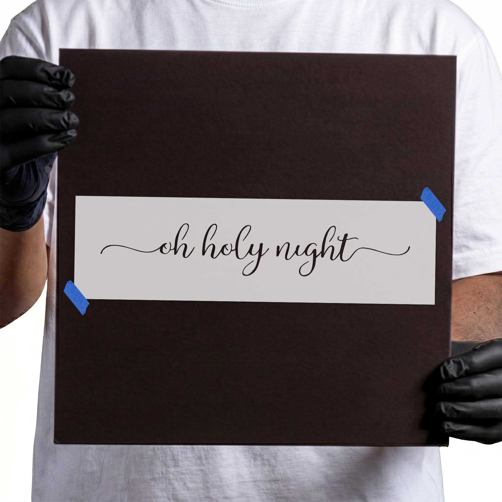 Oh Holy Night stencil with flowing cursive lettering and flourishes