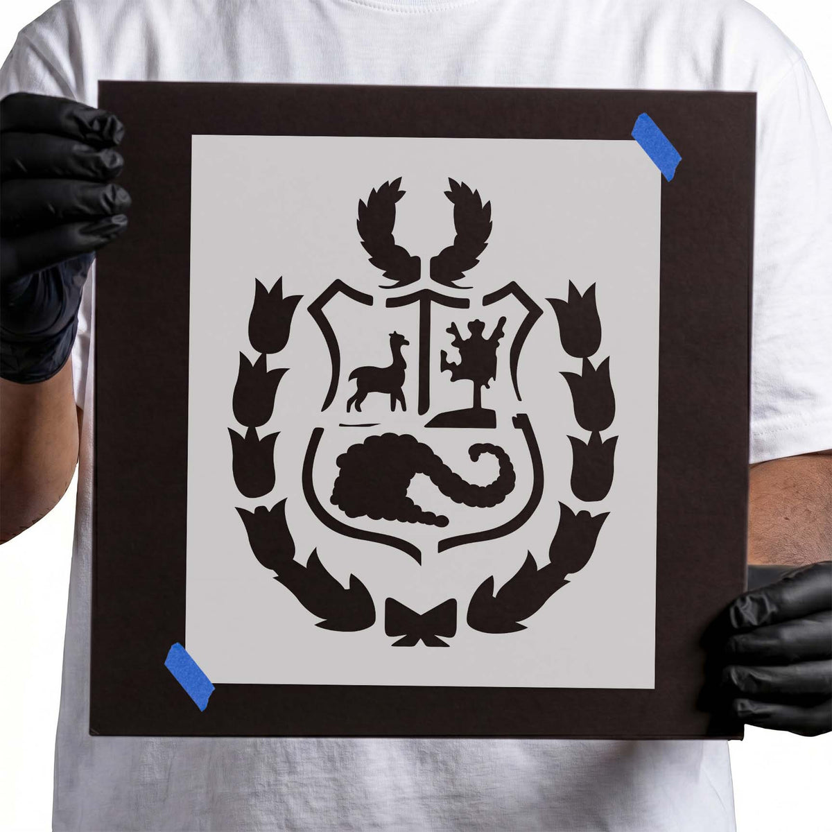 Peruvian coat of arms stencil with shield and decorative wreath