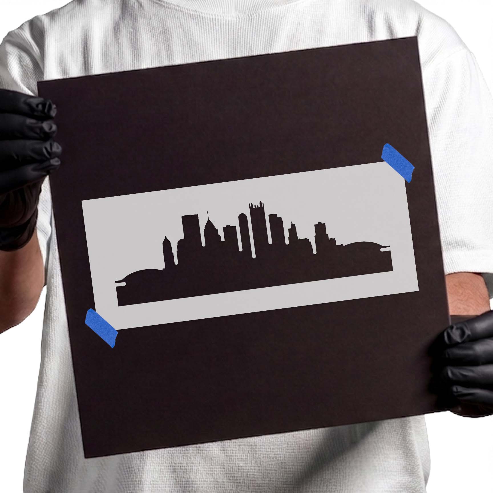 Pittsburgh skyline stencil with towers and varied city building silhouettes