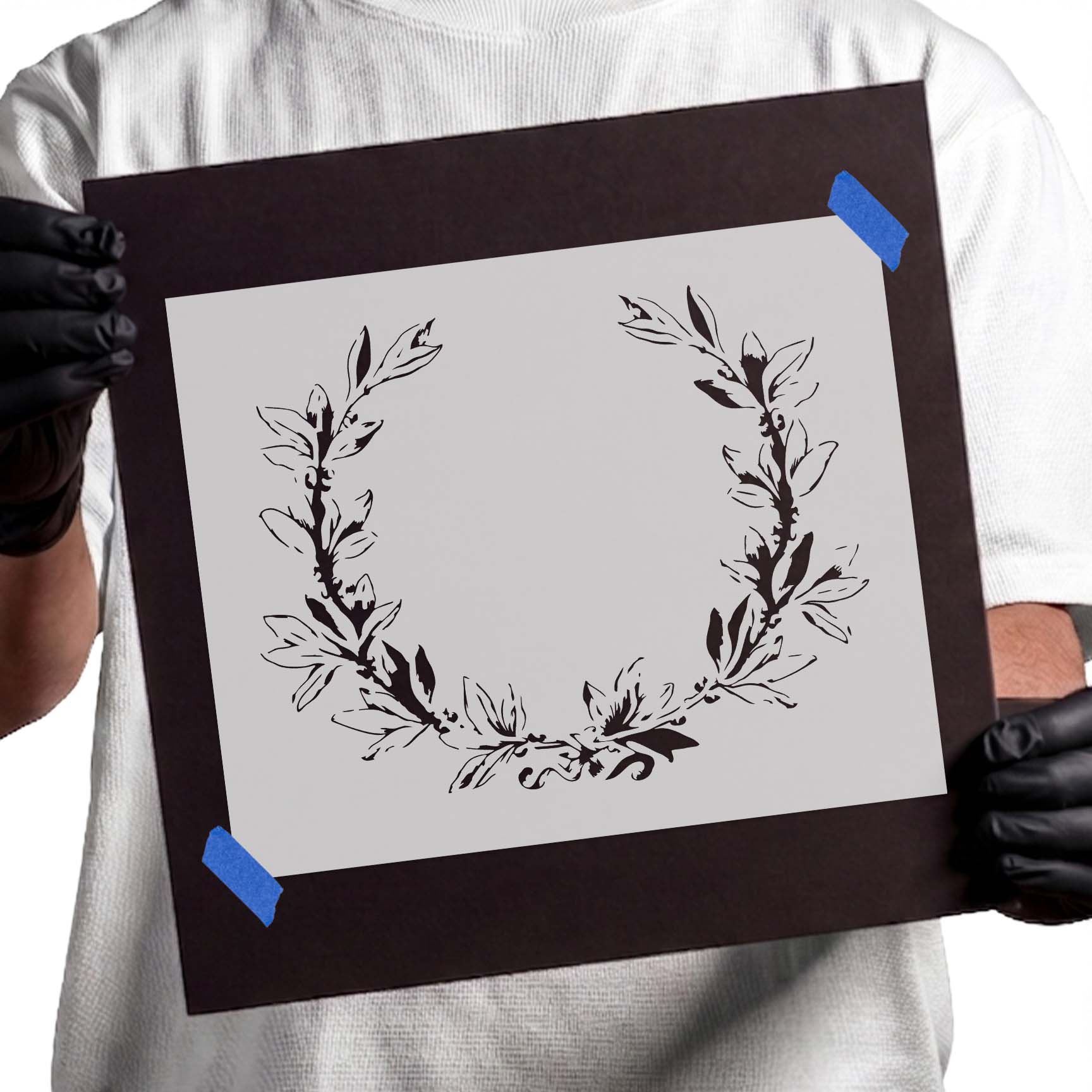 Realistic laurel wreath stencil with curved leafy botanical branches