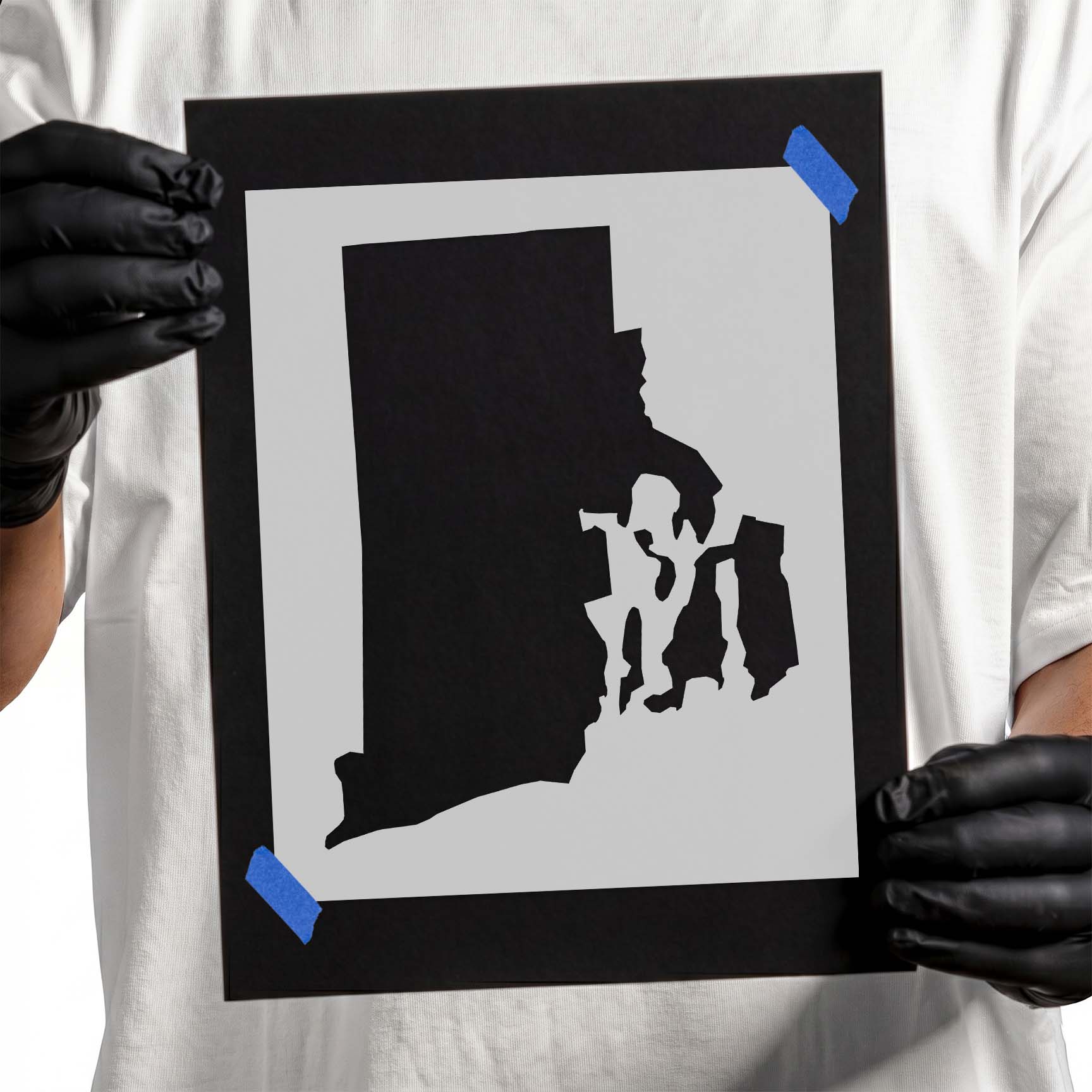 Rhode Island state outline stencil featuring detailed coastal borders and distinctive state silhouette