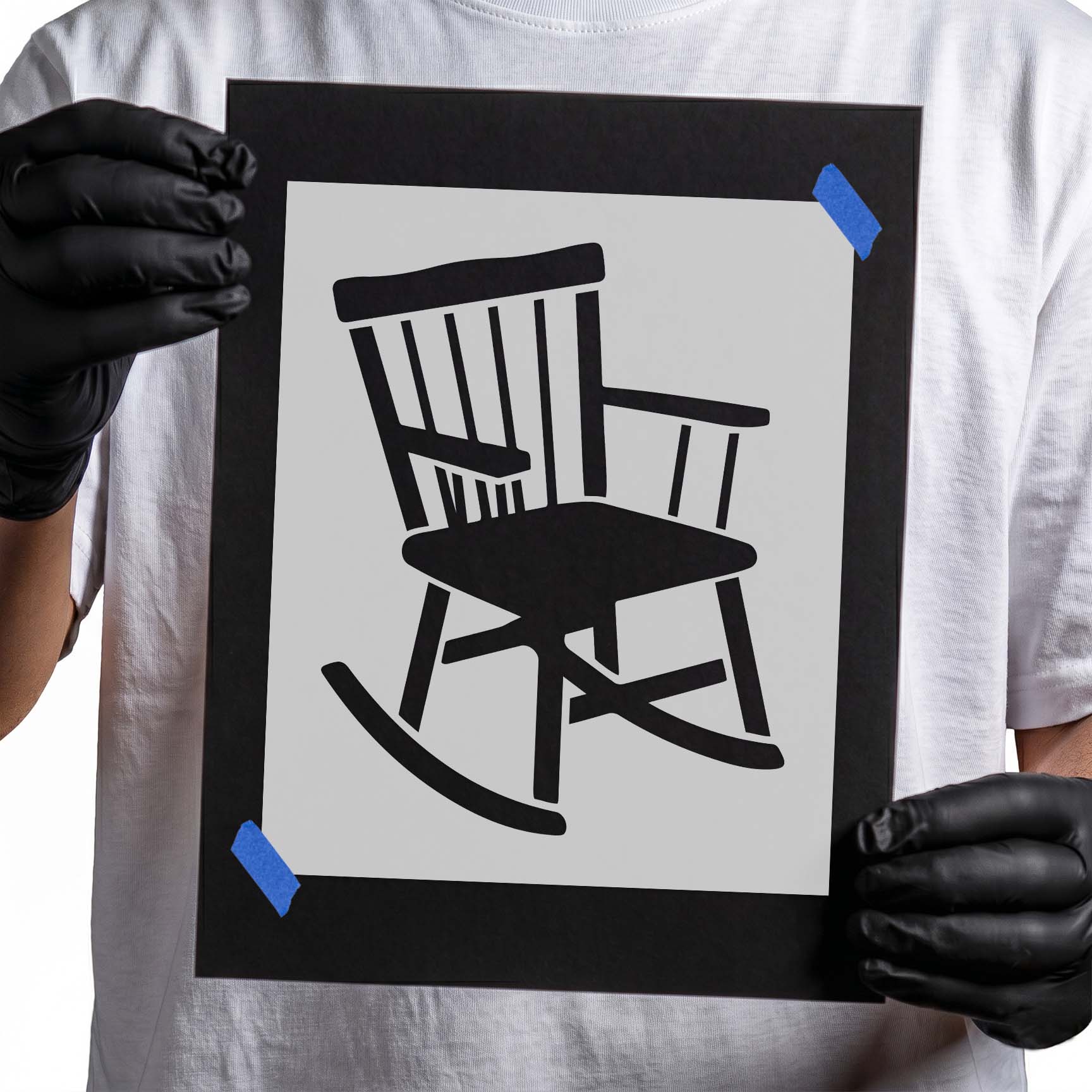 Rocking chair stencil with slatted back armrests and curved rockers