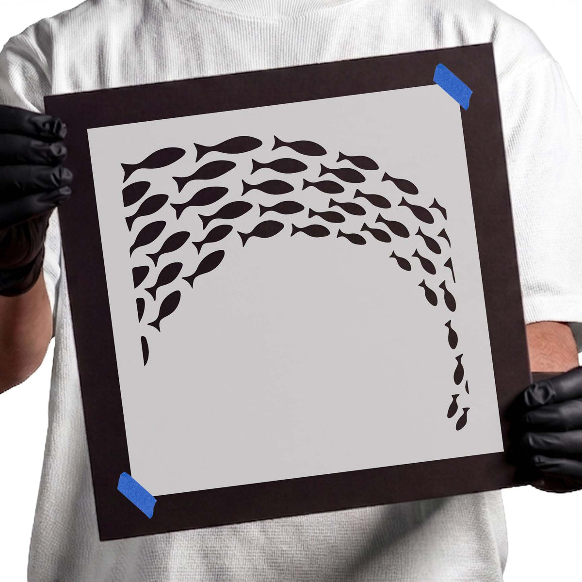 School of fish stencil with sweeping curved aquatic pattern