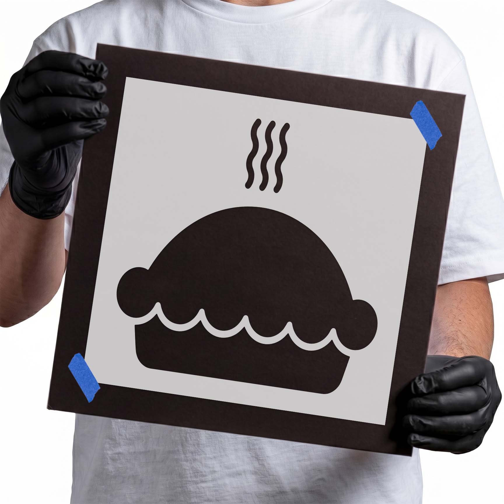 Steaming pie stencil with rounded crust and three rising steam lines