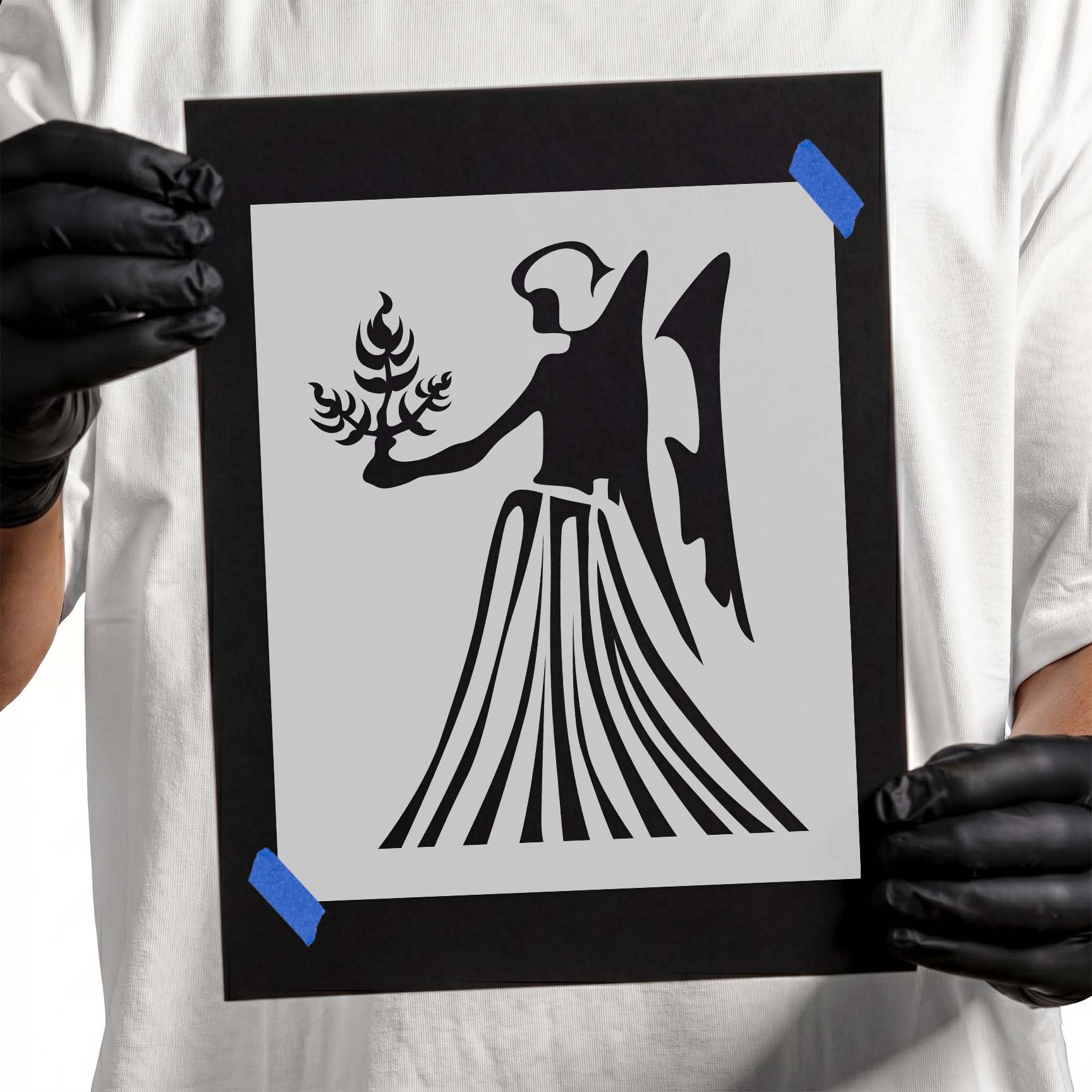 Virgo stencil featuring a maiden holding a leafy botanical sprig