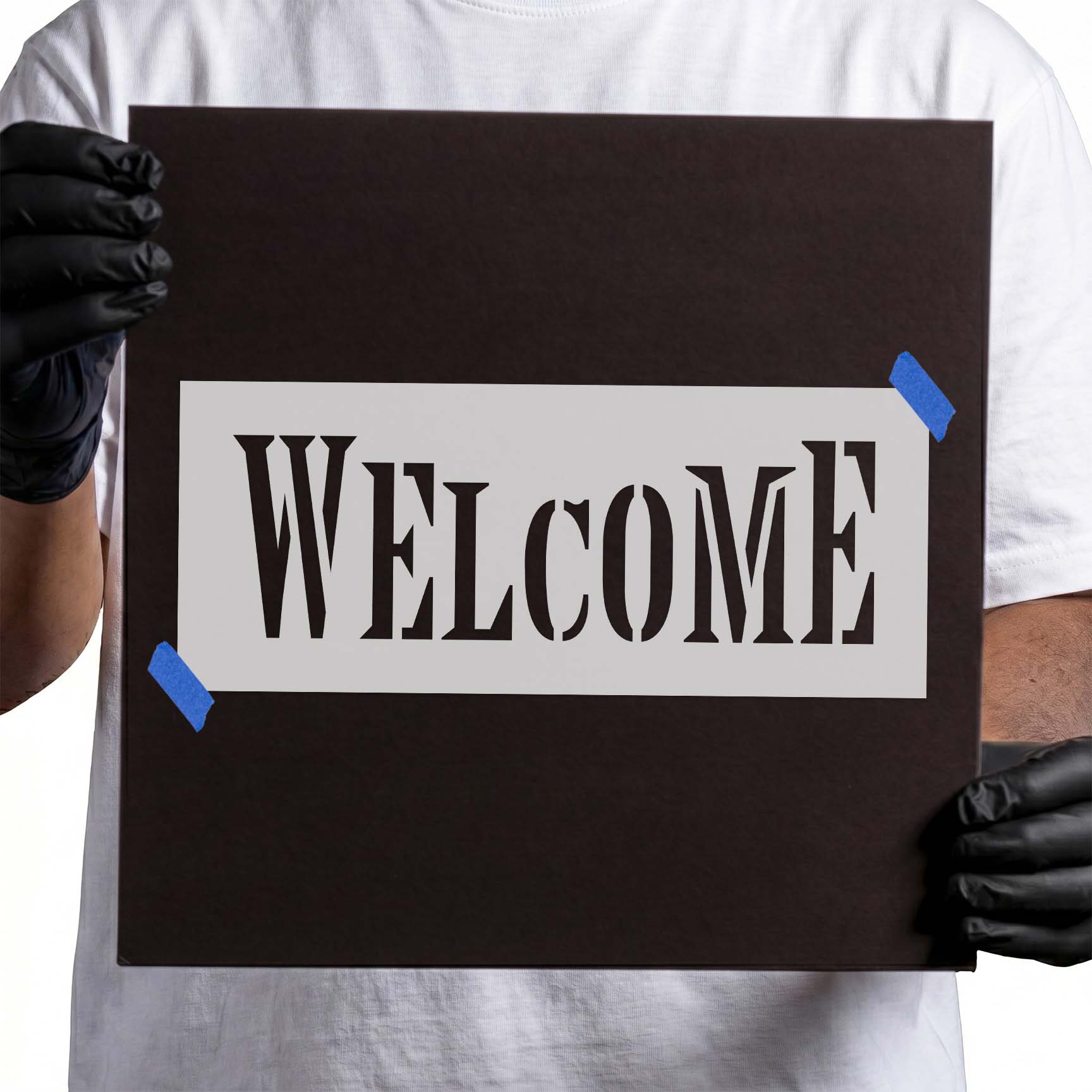 Welcome stencil with tall bold uppercase text lettering