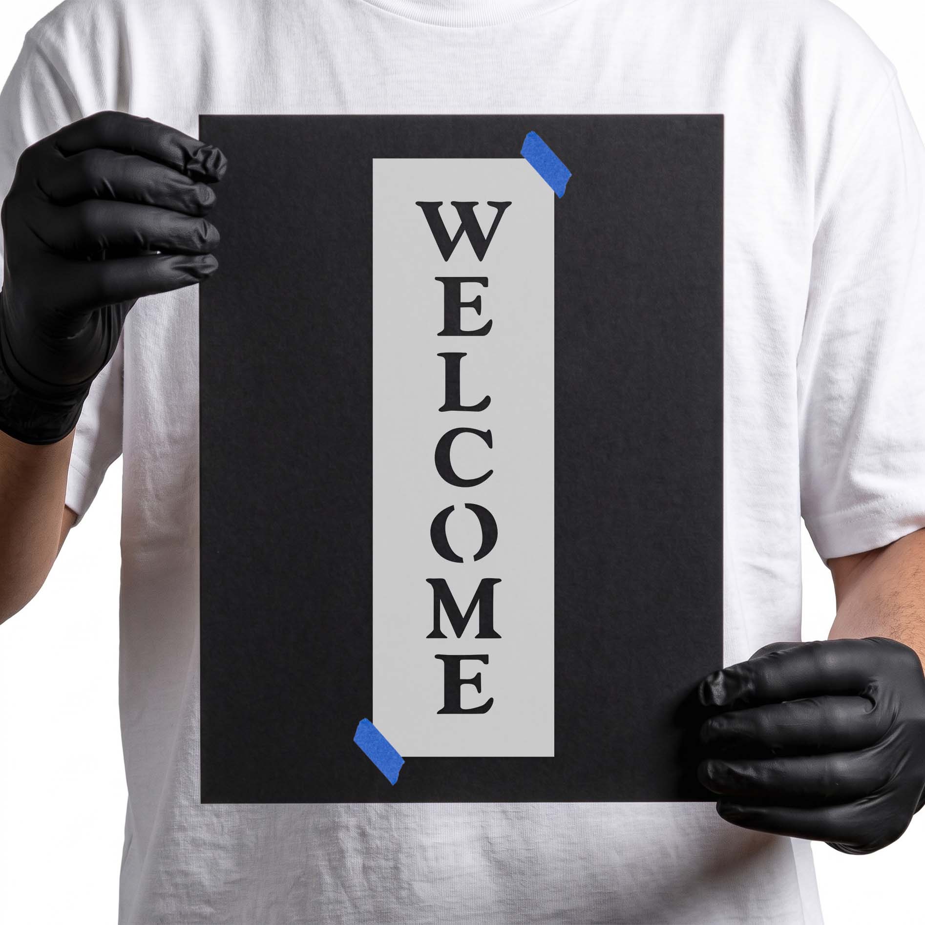 Vertical welcome stencil with stacked serif lettering