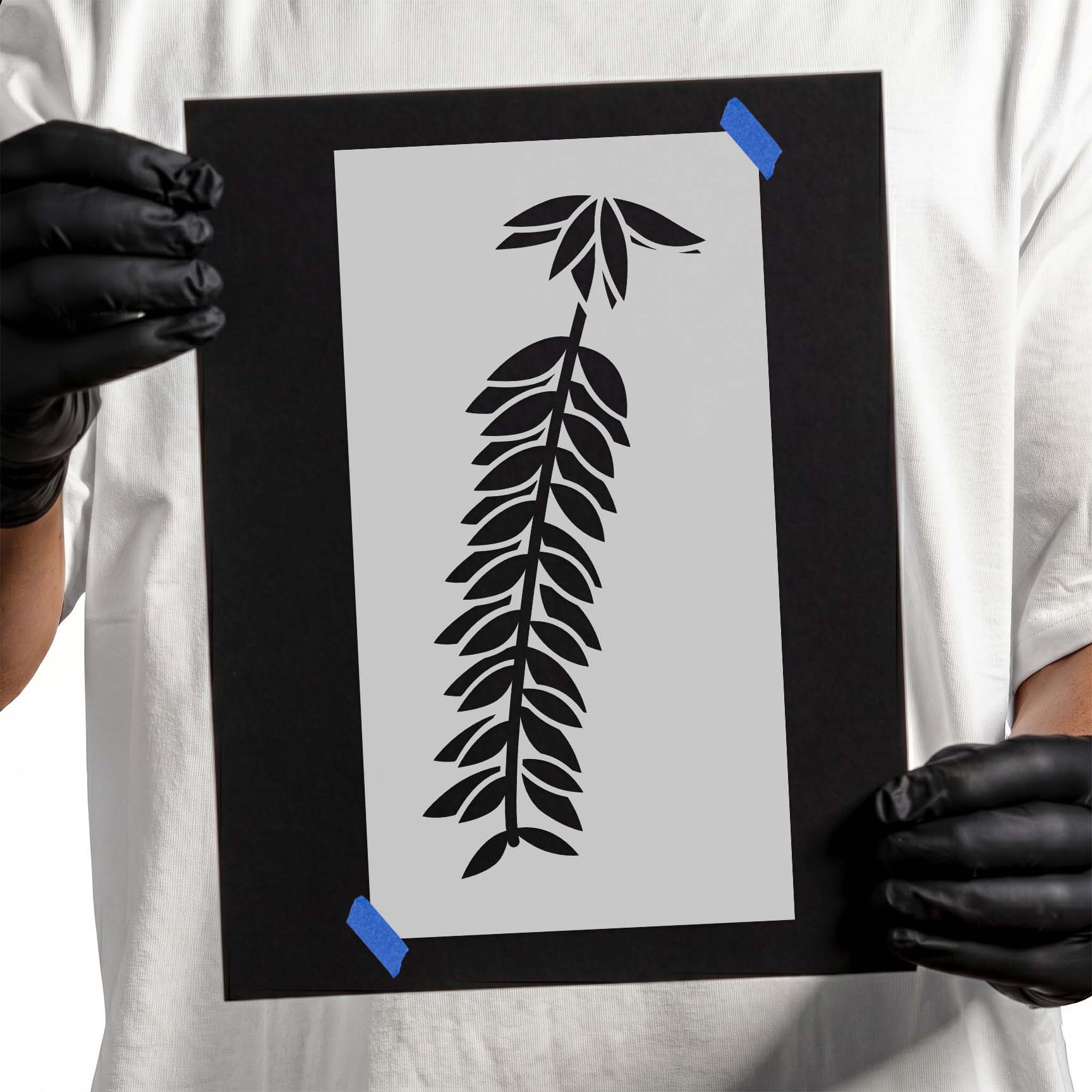 Wisteria stencil with long cascading branch and layered leaves