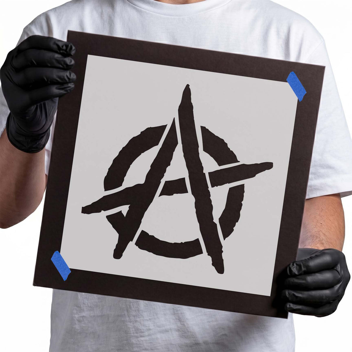 Anarchism stencil with rough-edged circled A symbol