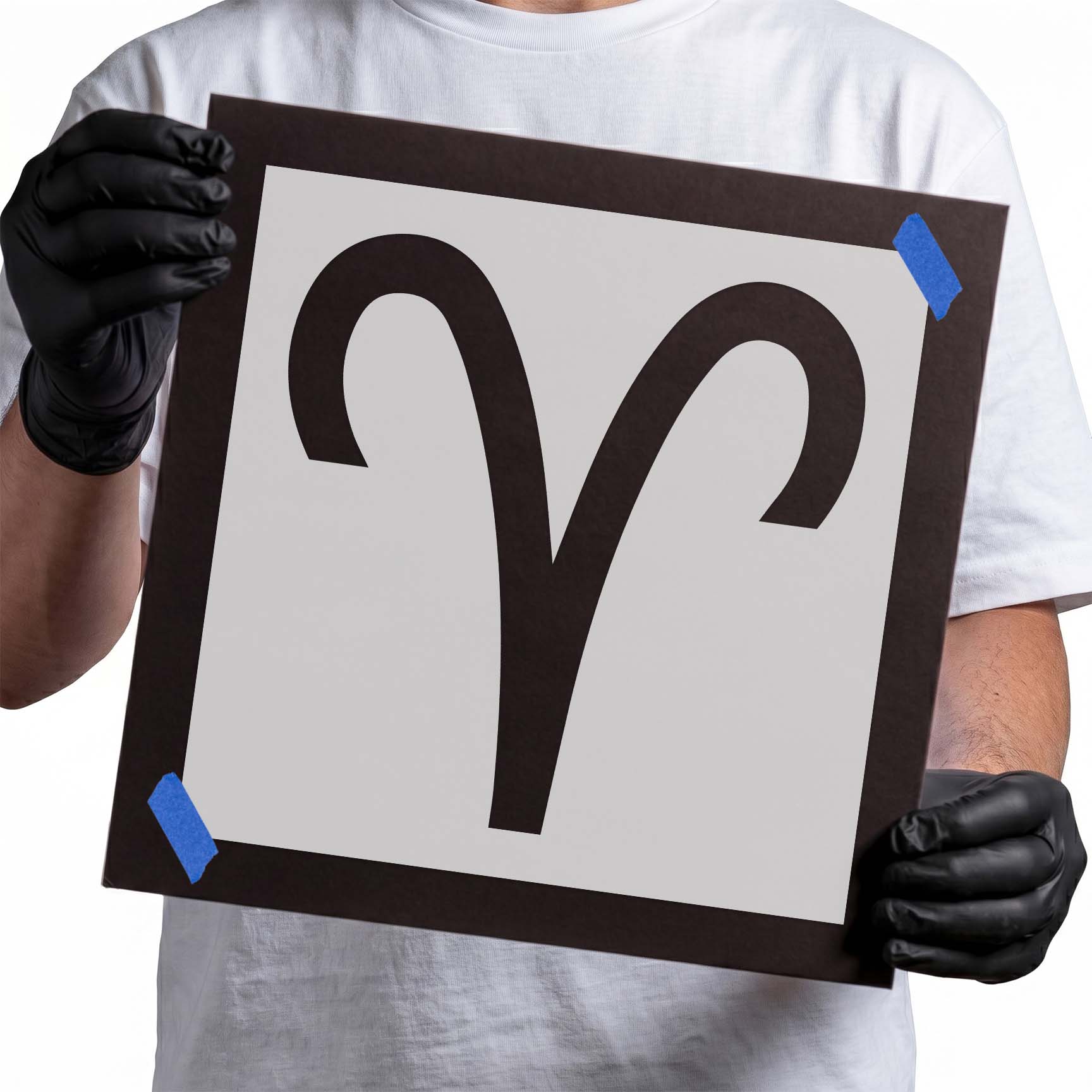 Aries zodiac glyph stencil with bold symmetrical ram horn curves