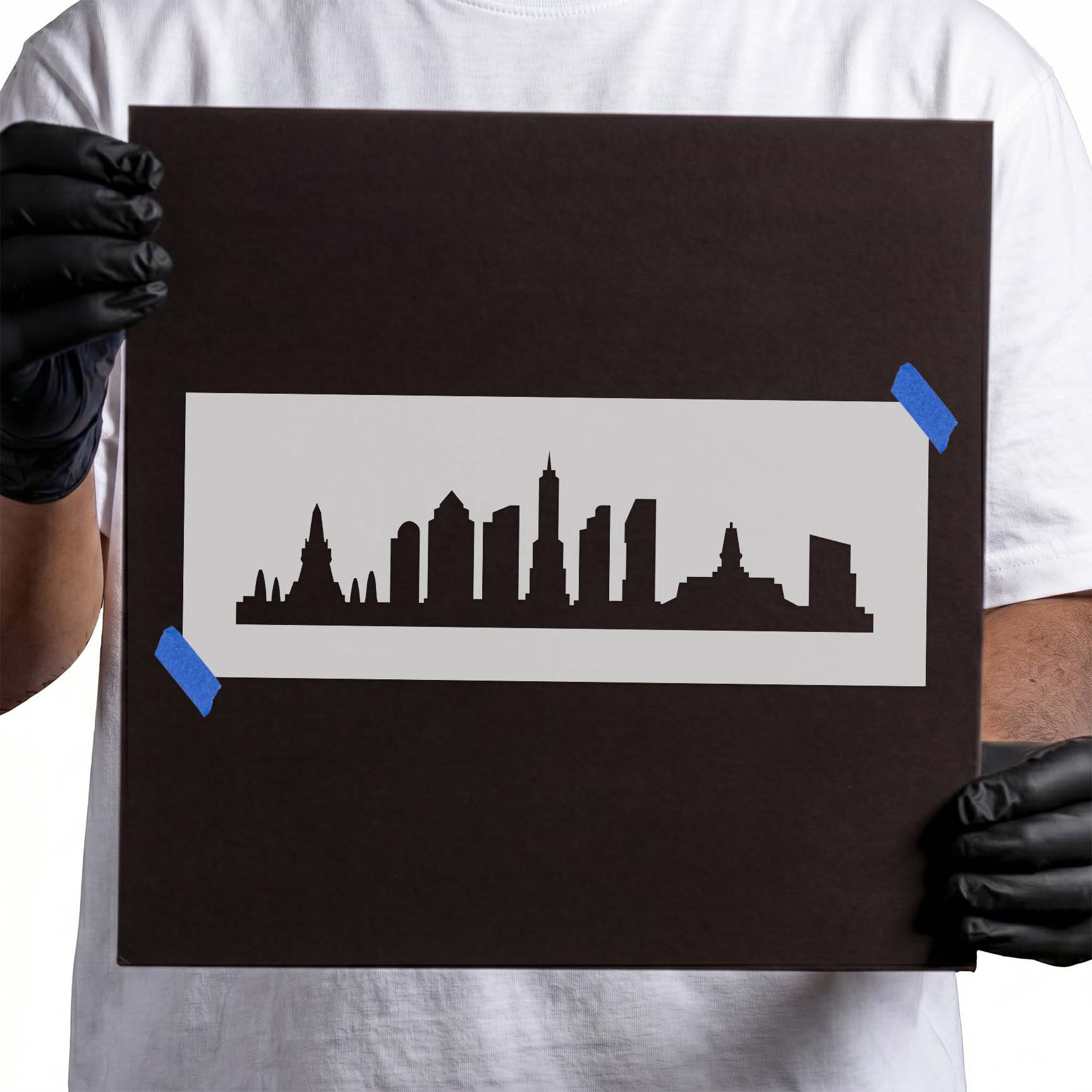 Bangkok skyline stencil with towers and distinctive city architecture
