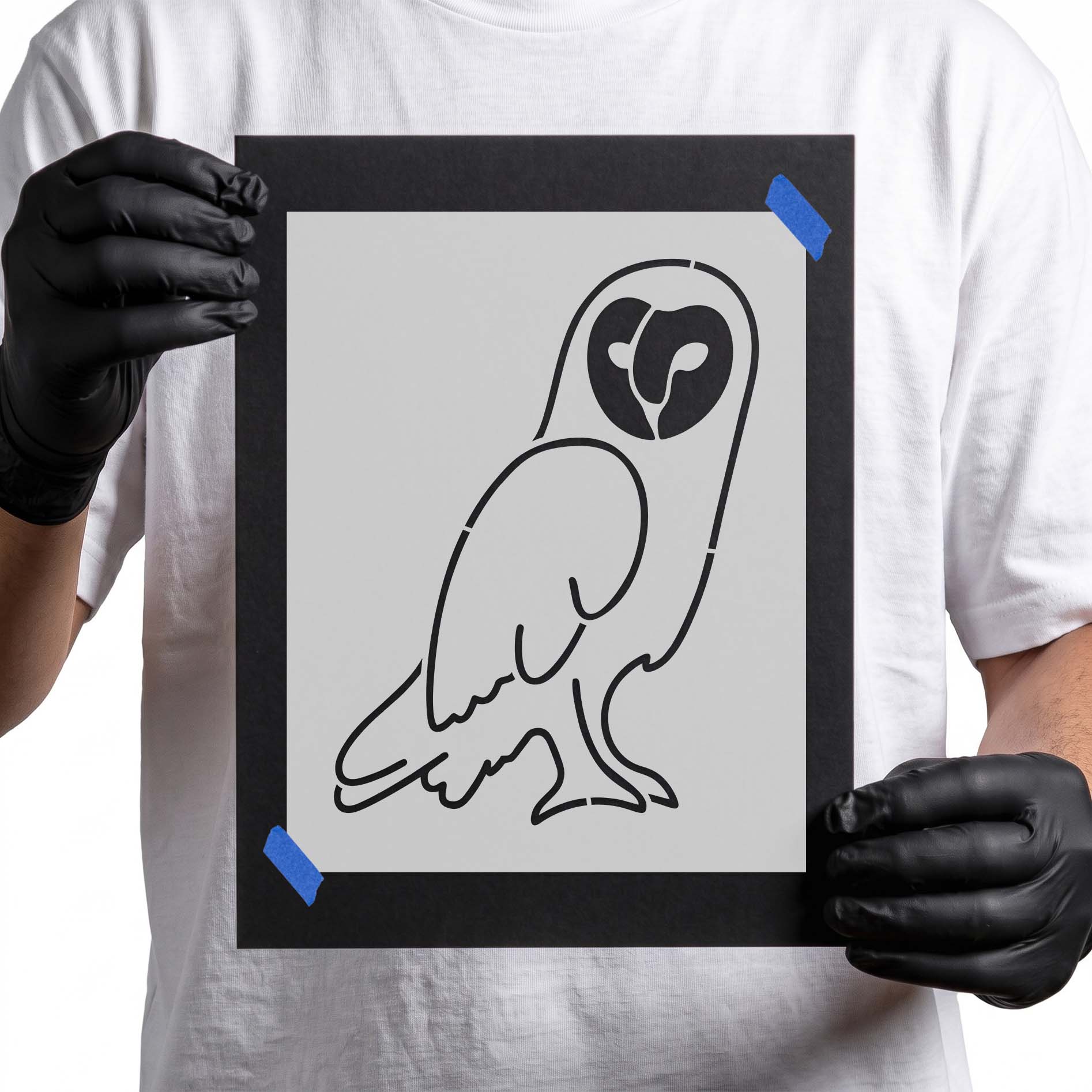 Barn owl stencil with heart-shaped face and perched body outline