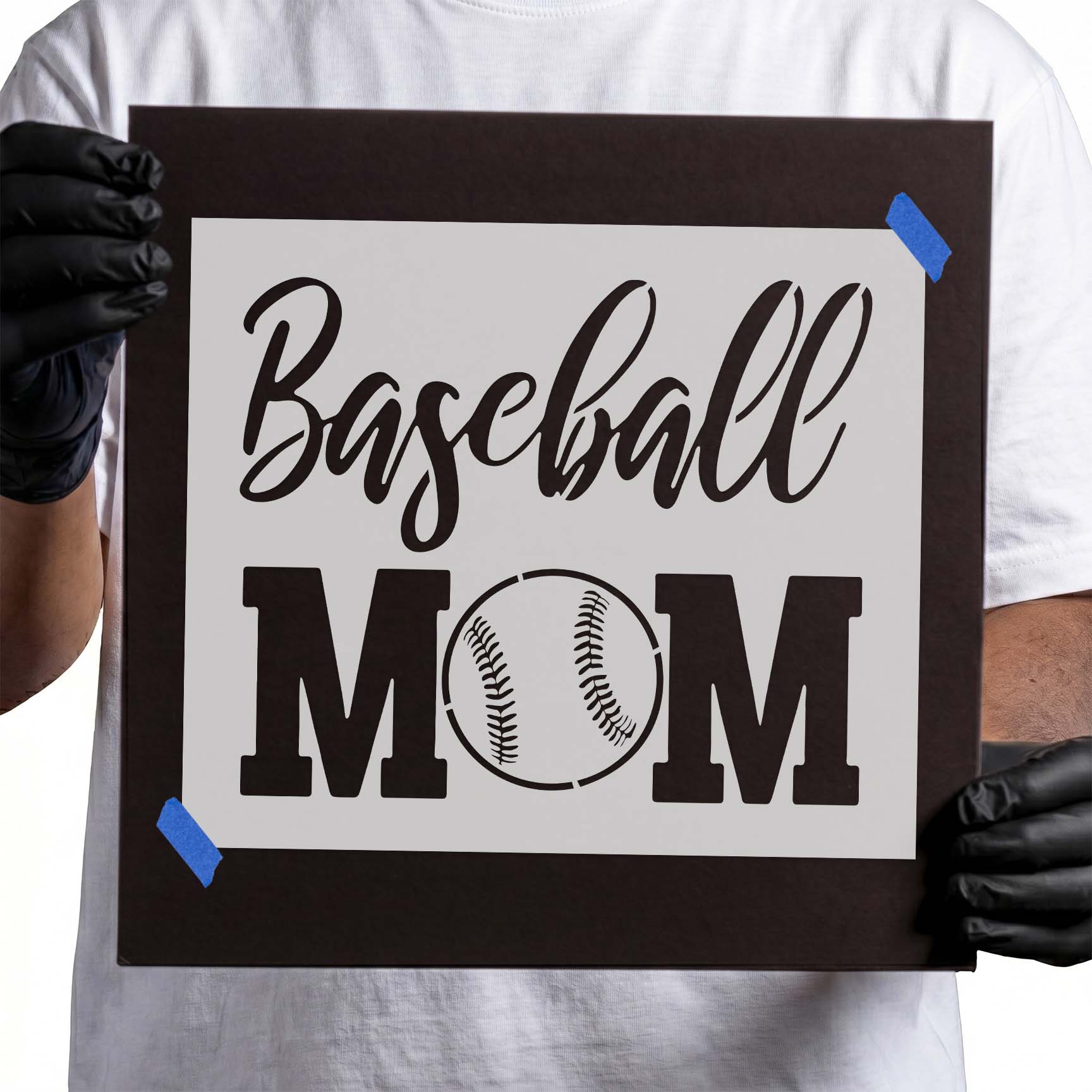 Baseball mom stencil with script lettering and stitched ball design