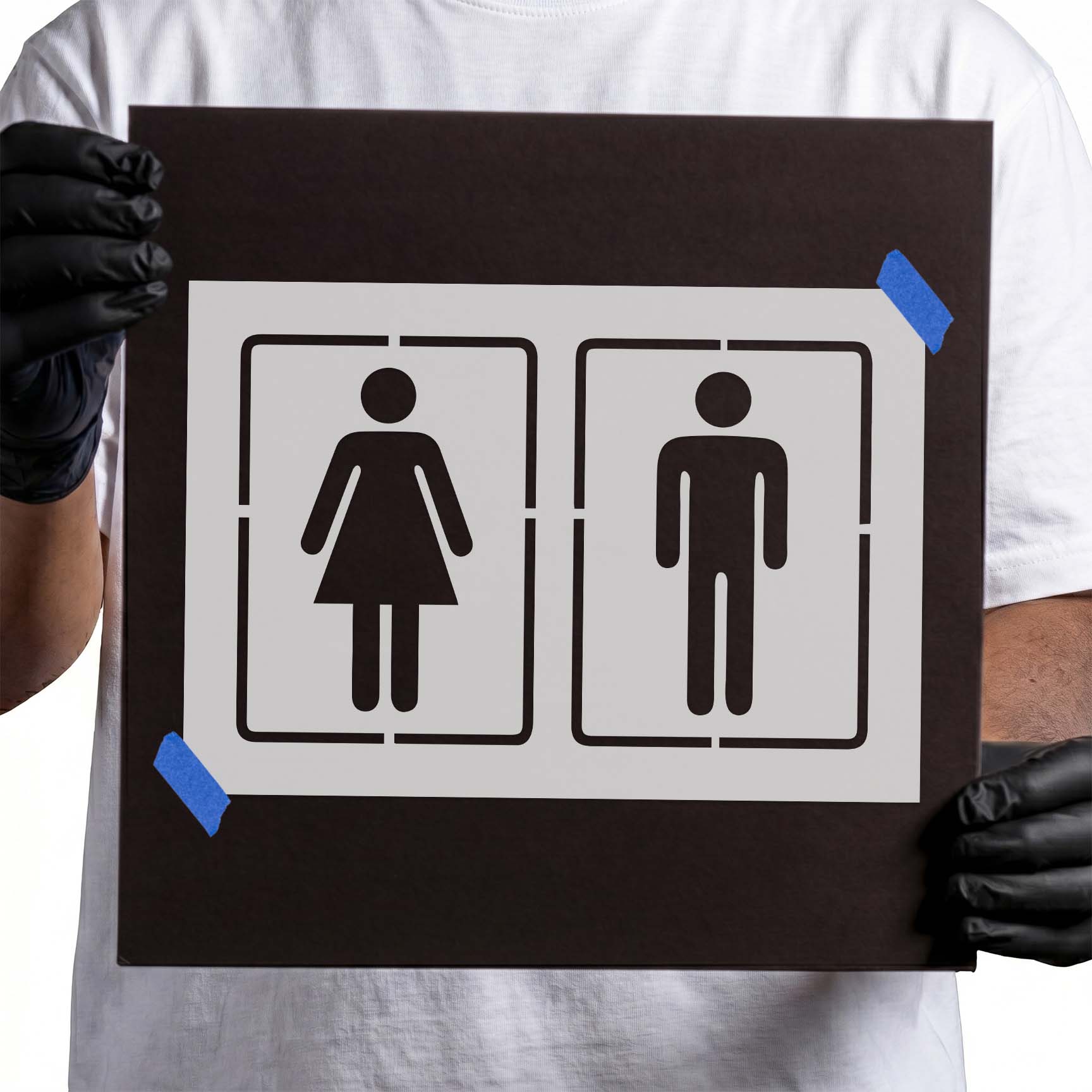 Bathroom stencil with side-by-side female and male gender symbols