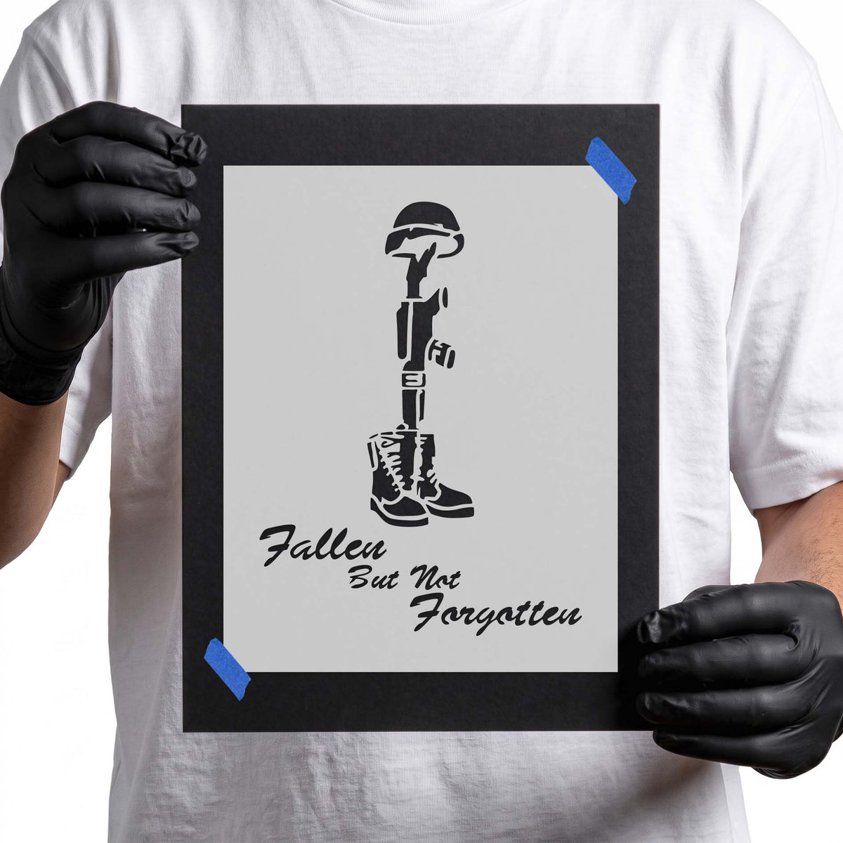 Battlefield cross stencil with helmet boots and remembrance lettering