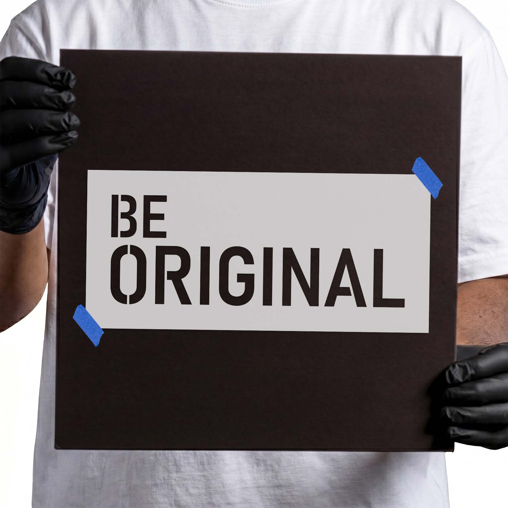 Be Original stencil with bold modern block lettering