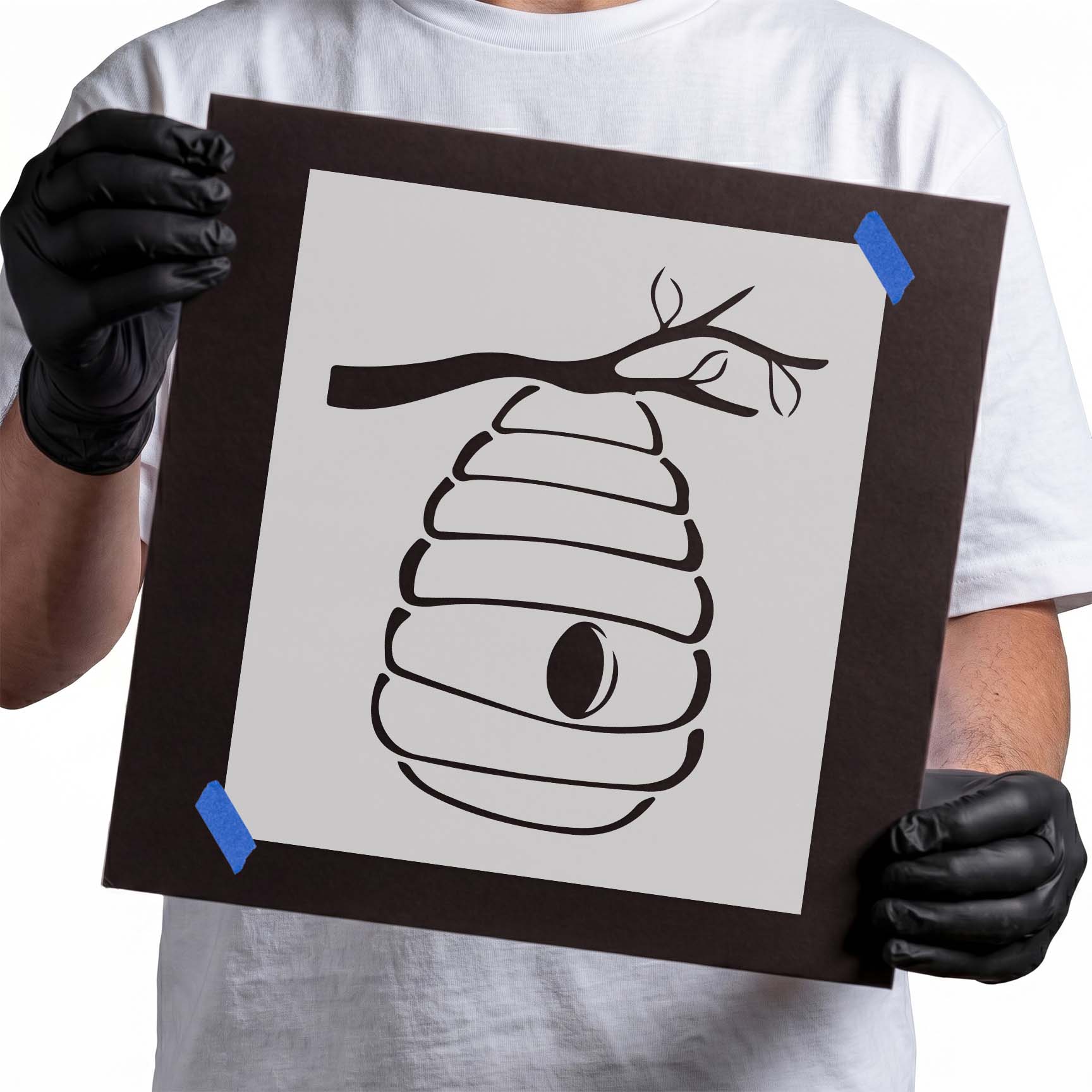 Hanging beehive stencil with layered hive and leafy branch