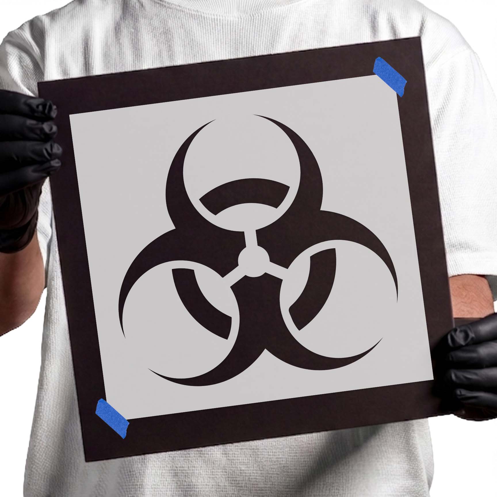 Biohazard stencil with three interlocking curved symbol sections