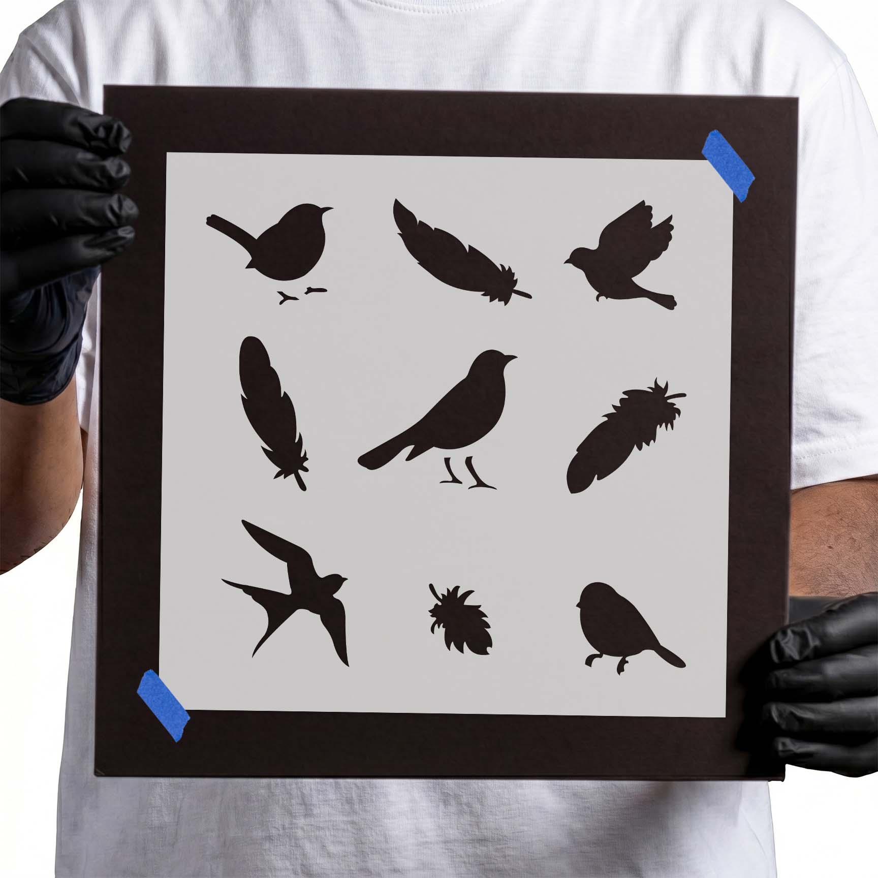 Bird and feather stencil with flying and perched silhouettes