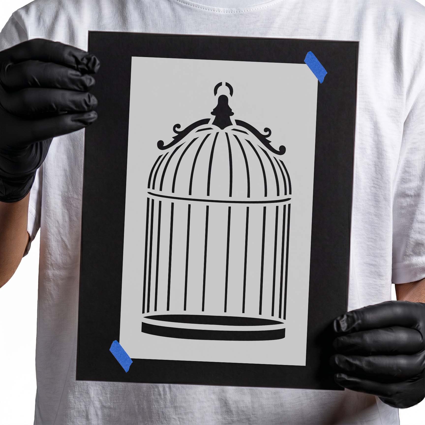 Ornamental birdcage stencil with domed top and curved scroll details
