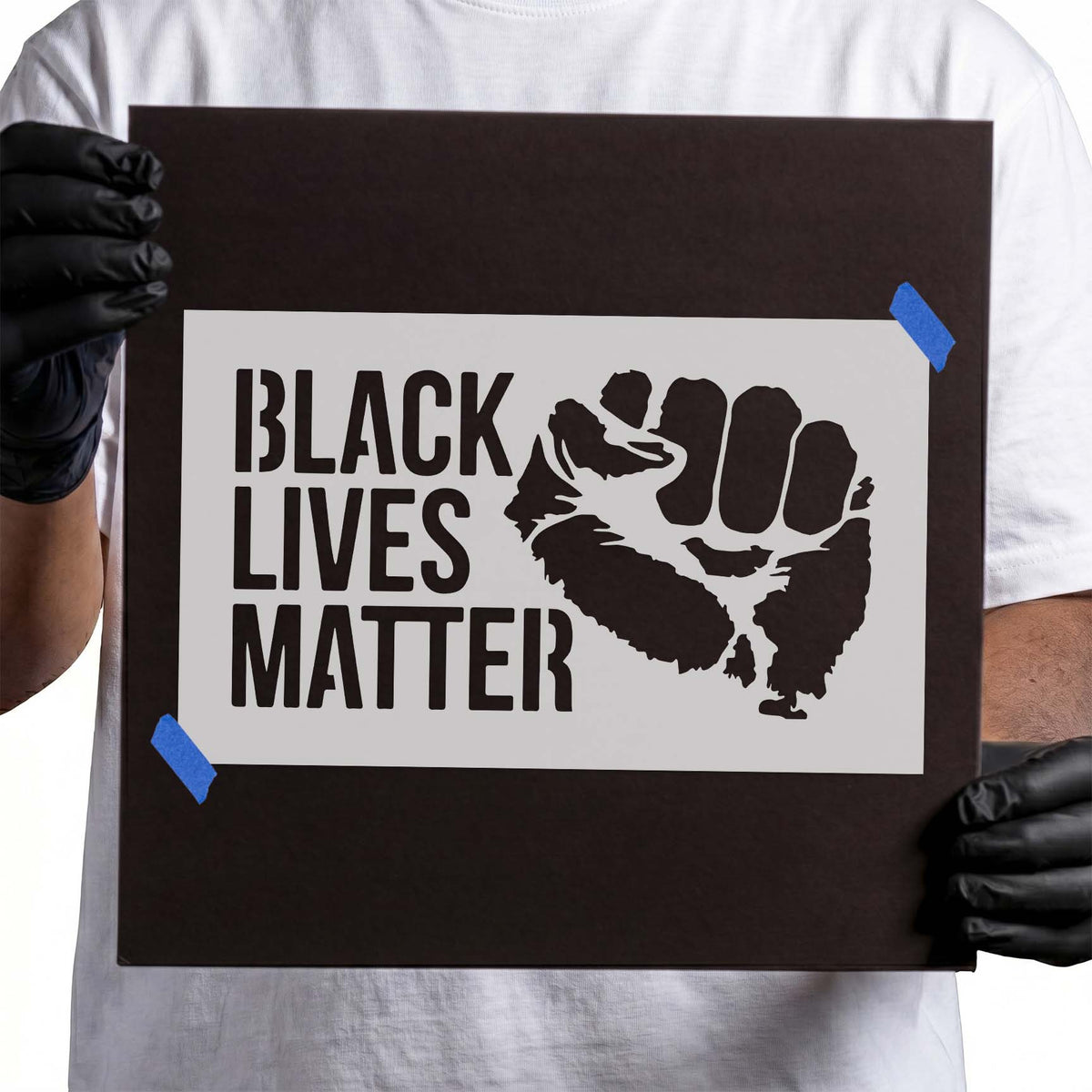 Black Lives Matter stencil with bold lettering and raised fist