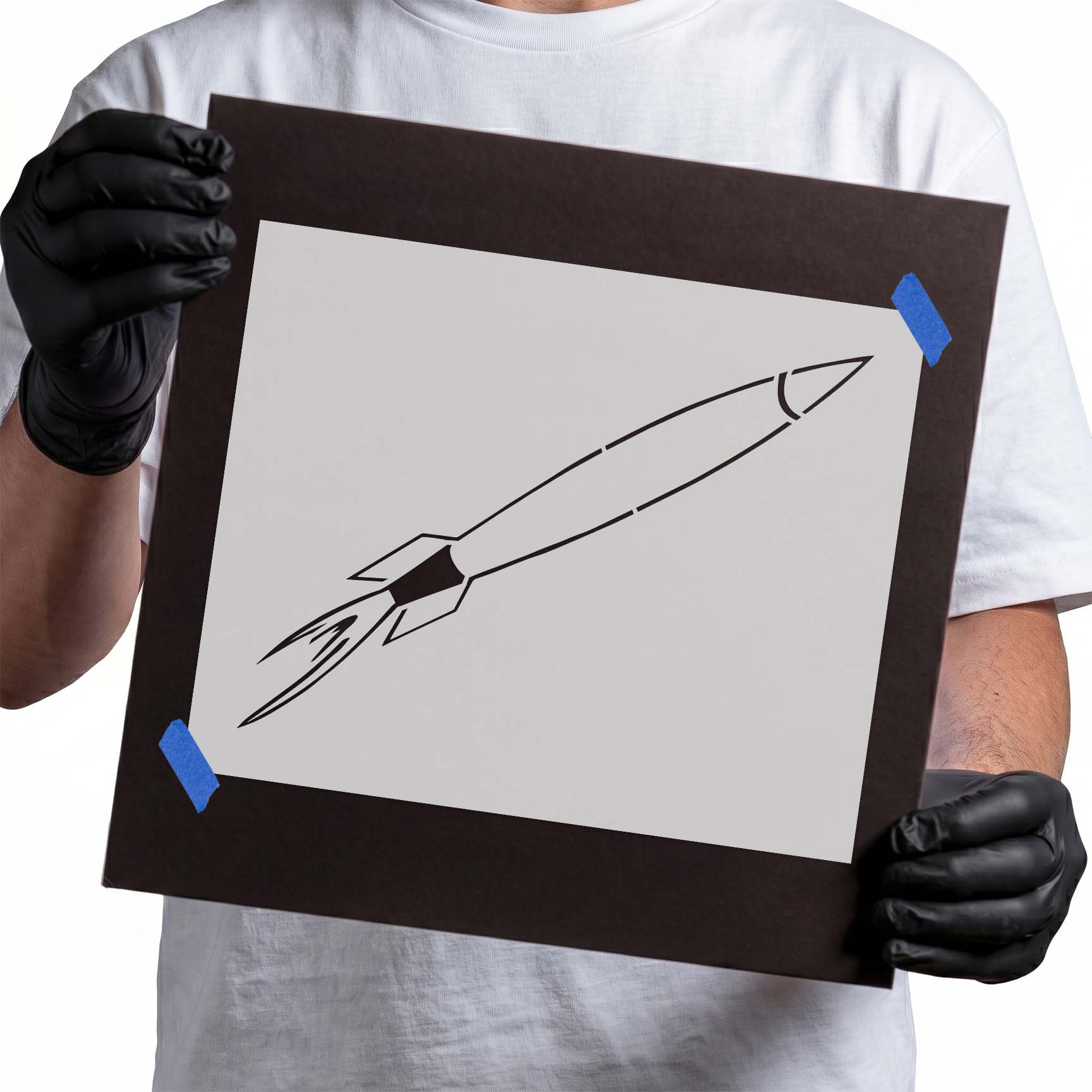 Rocket stencil with pointed nose fins and trailing flames